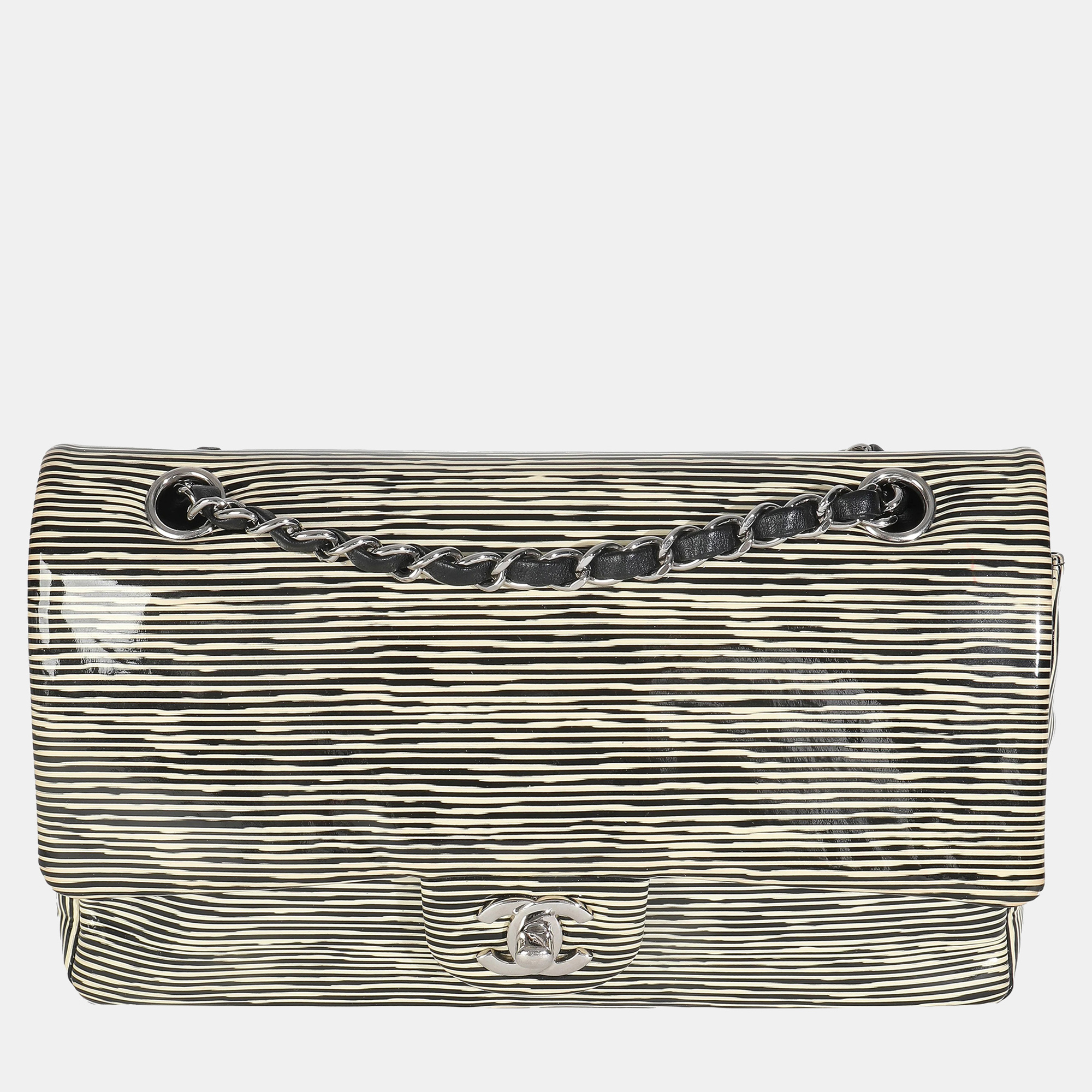

Chanel Black, White Striped Patent Medium Classic Double Flap Bag