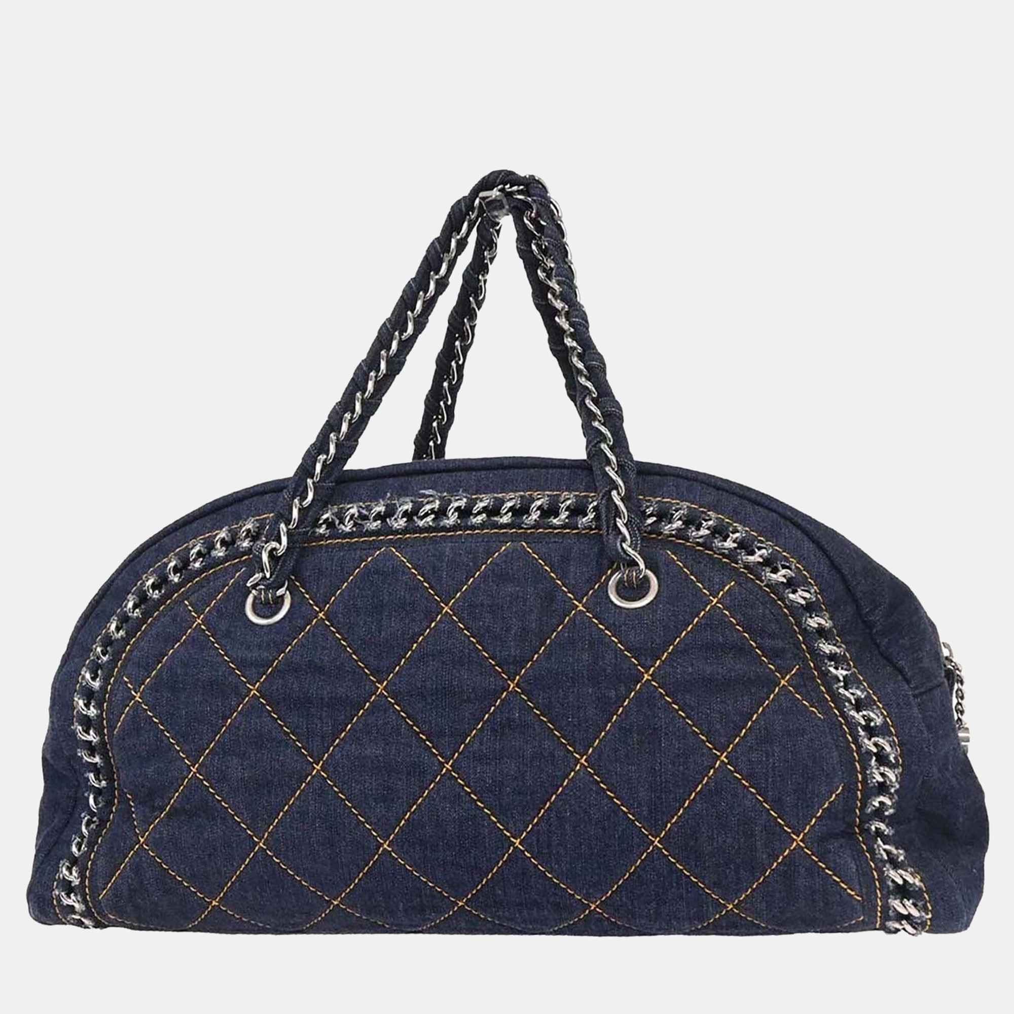 

Chanel Navy Denim Luxury Line Bowling Bag Handbag, Navy blue