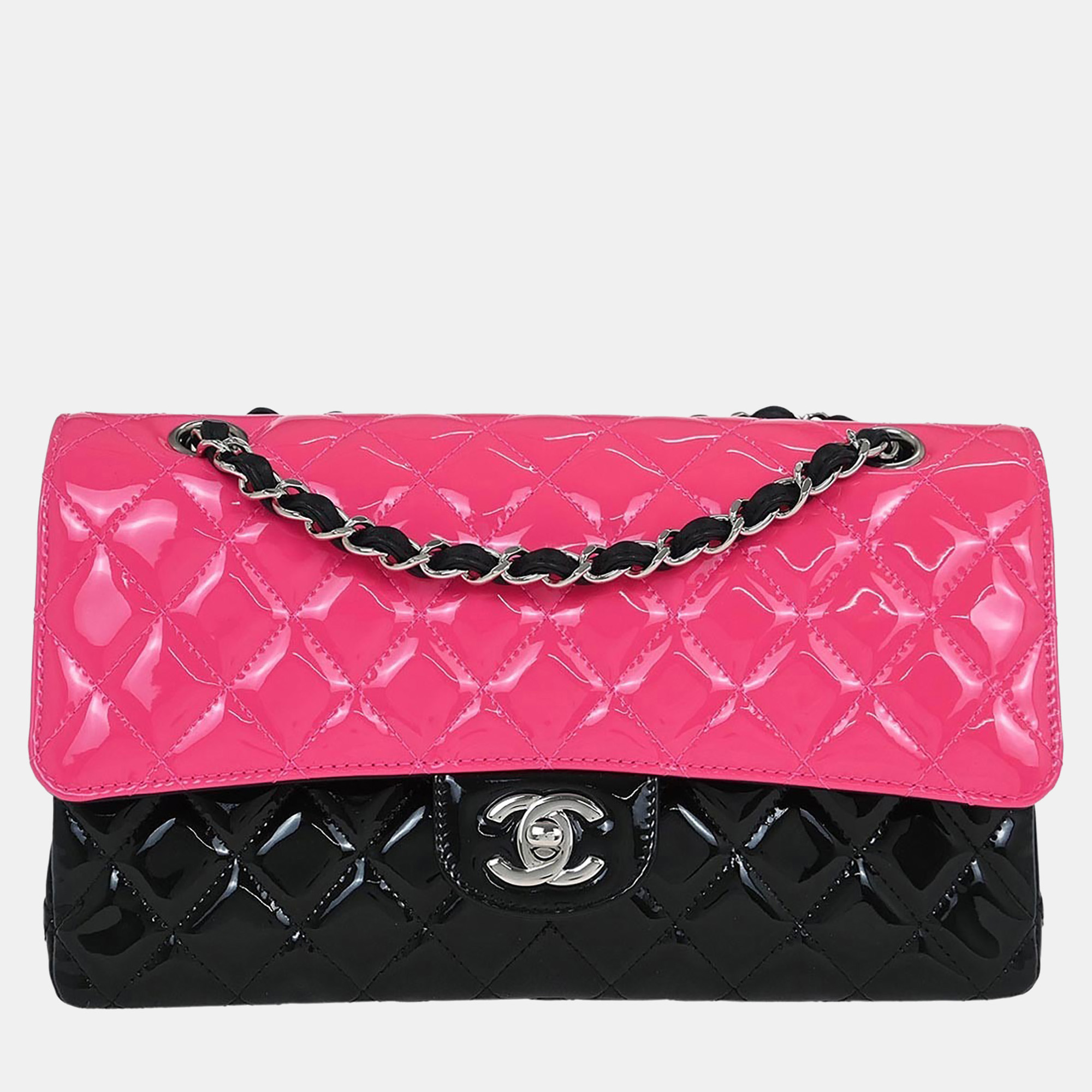 

Chanel Pink Black Patent Leather Medium Classic Double Flap Shoulder Bag