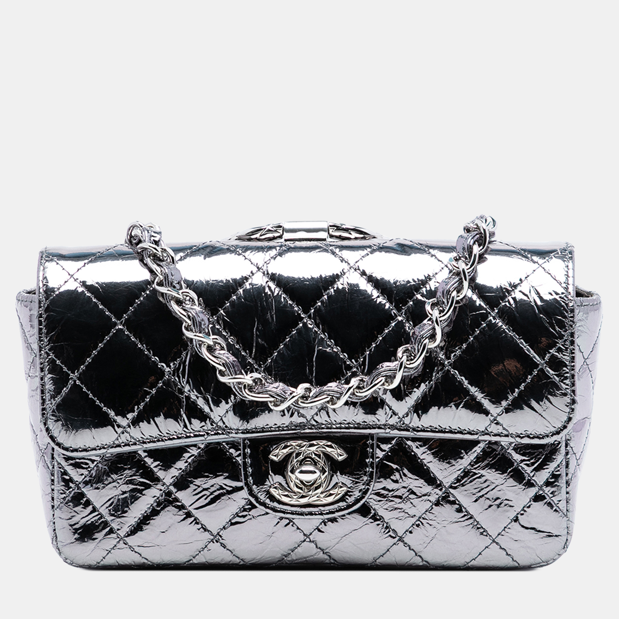 

Chanel Silver Mini Quilted Metallic Calfskin Ring Top Handle Flap