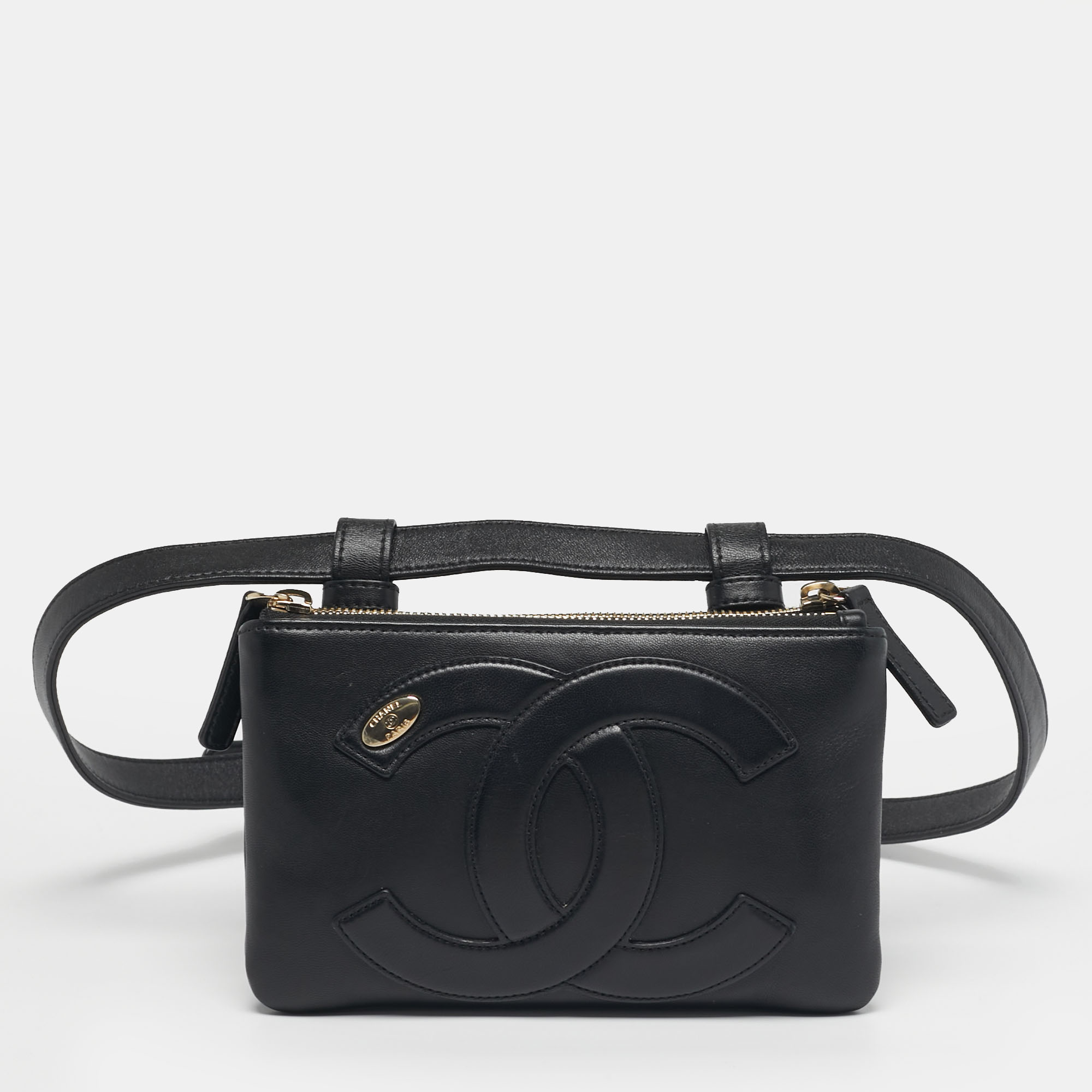 

Chanel CC Mania Double Zip Black Leather Waist Belt Bag