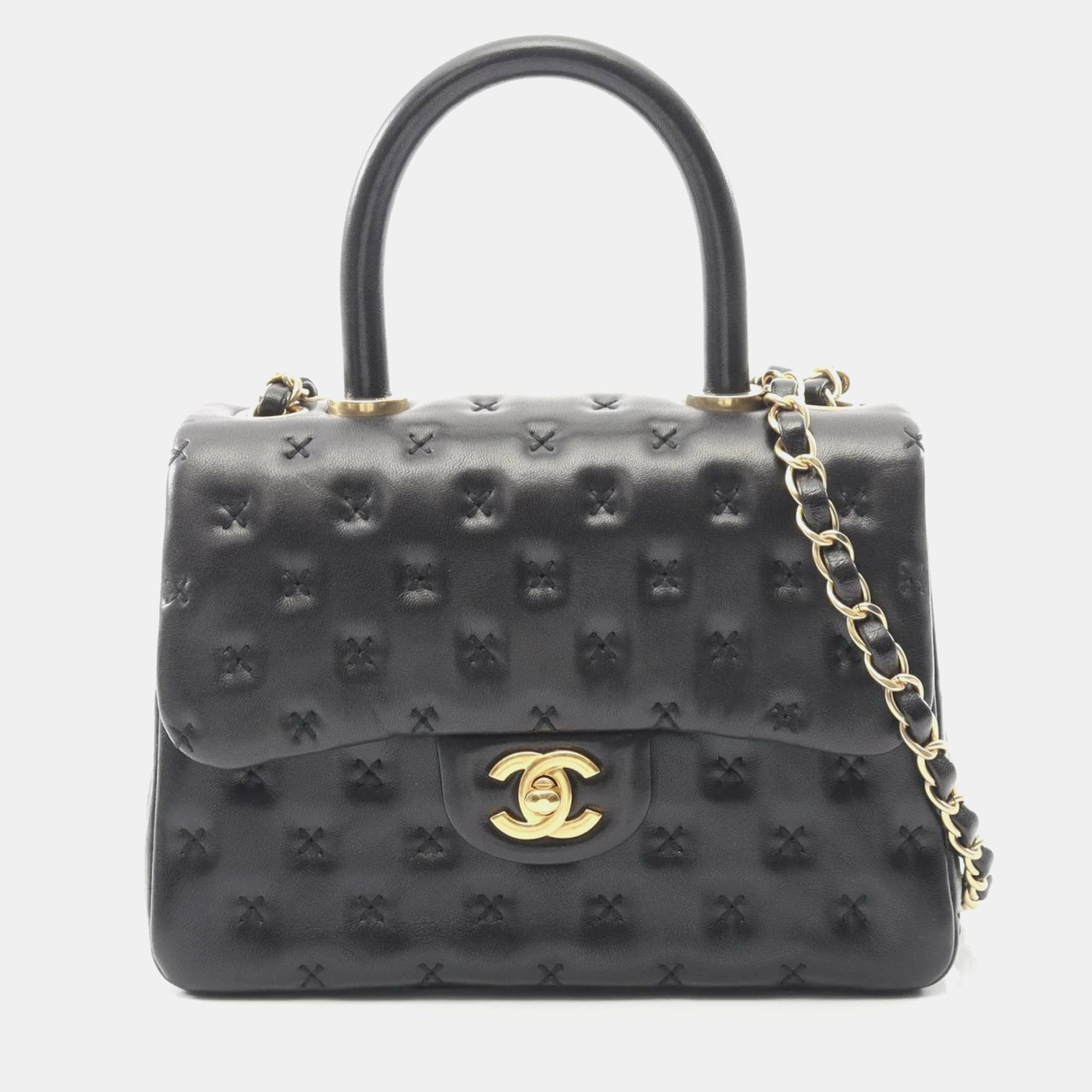 

Chanel Cross Stitch Top Handle Shoulder Bag In Lambskin Leather Black