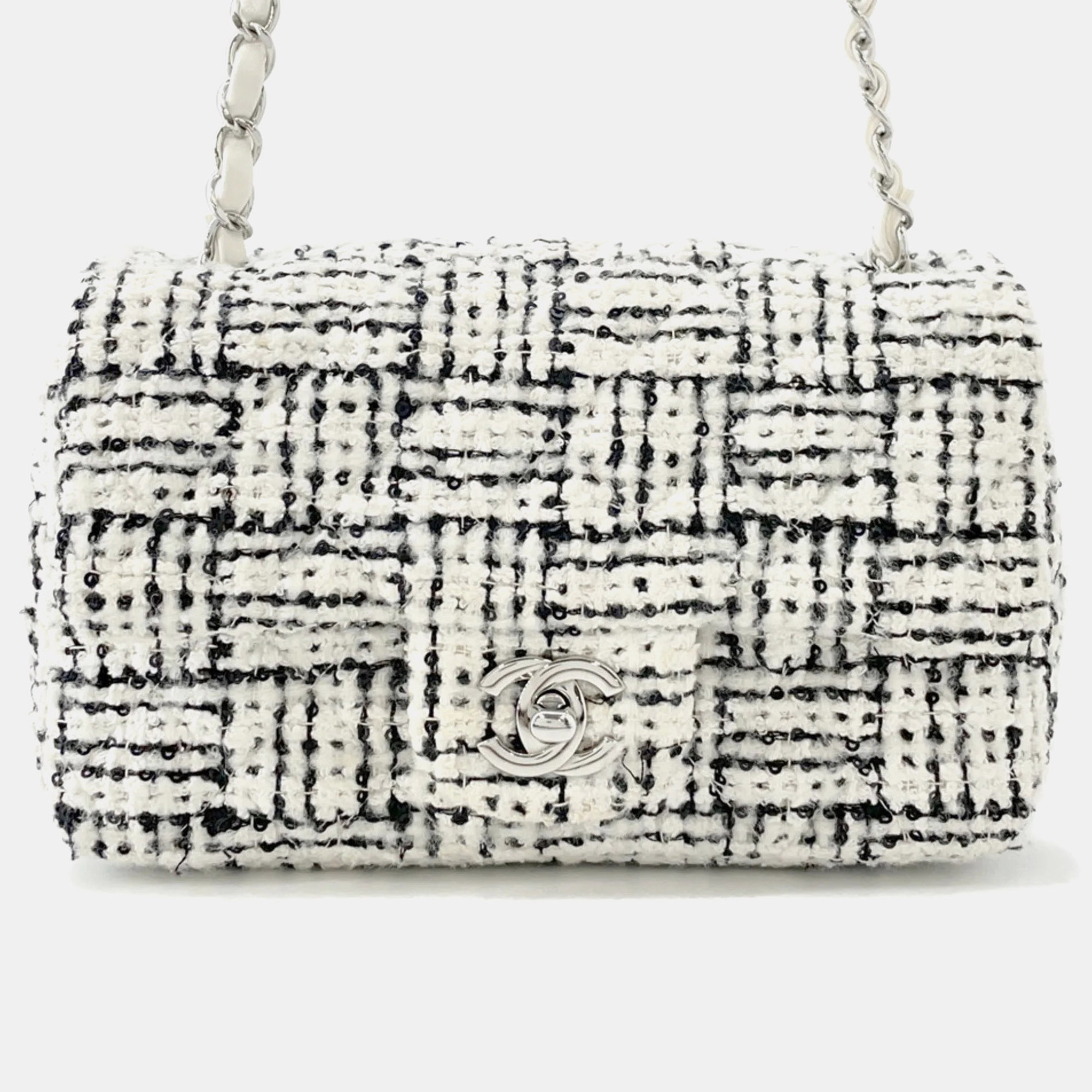 

Chanel Black, White Tweed Coco Mark Mini Flap Chain Shoulder Bag