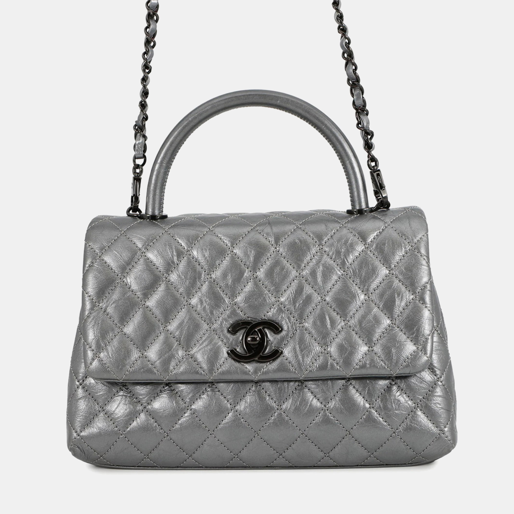 

Chanel Matelasse Handbag With Coco Mark And Handle In Calf Leather, Silver