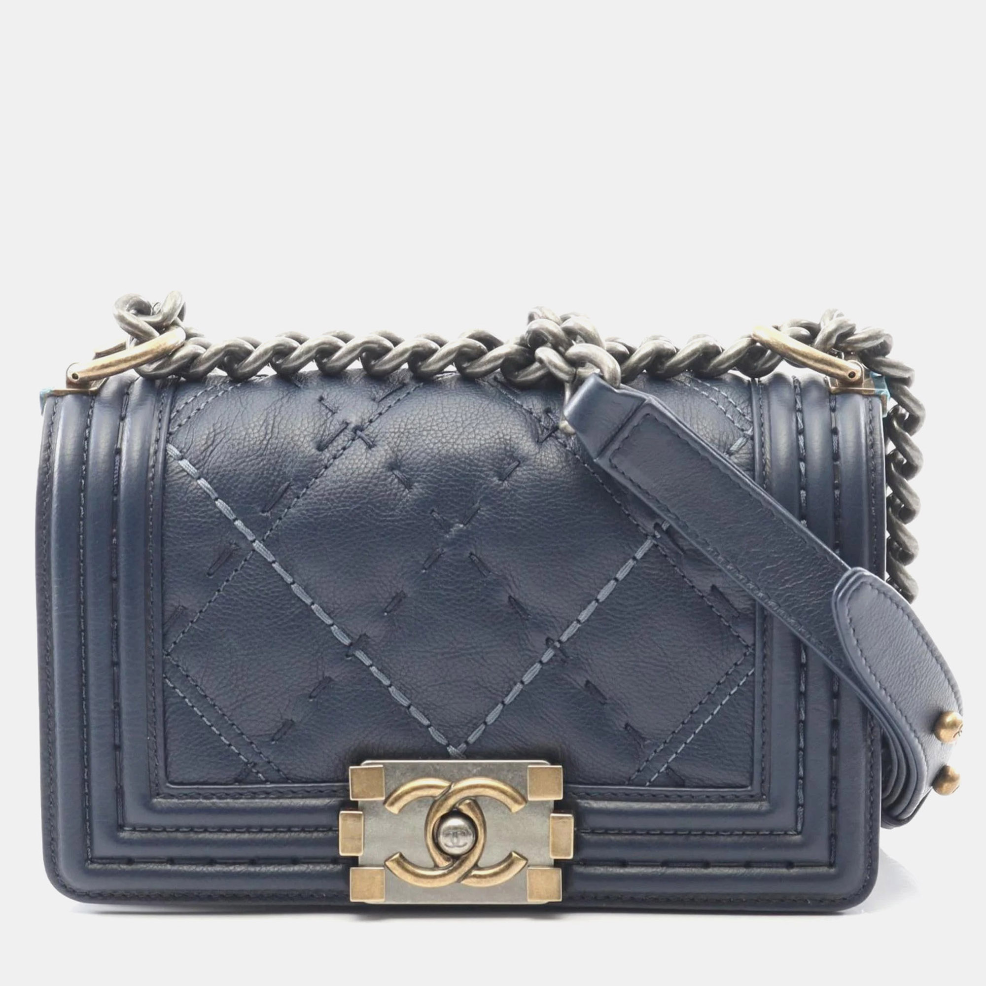 

Chanel Boy Chanel Small Wild Stitch Shoulder Bag In Grained Calfskin Leather Navy, Navy blue