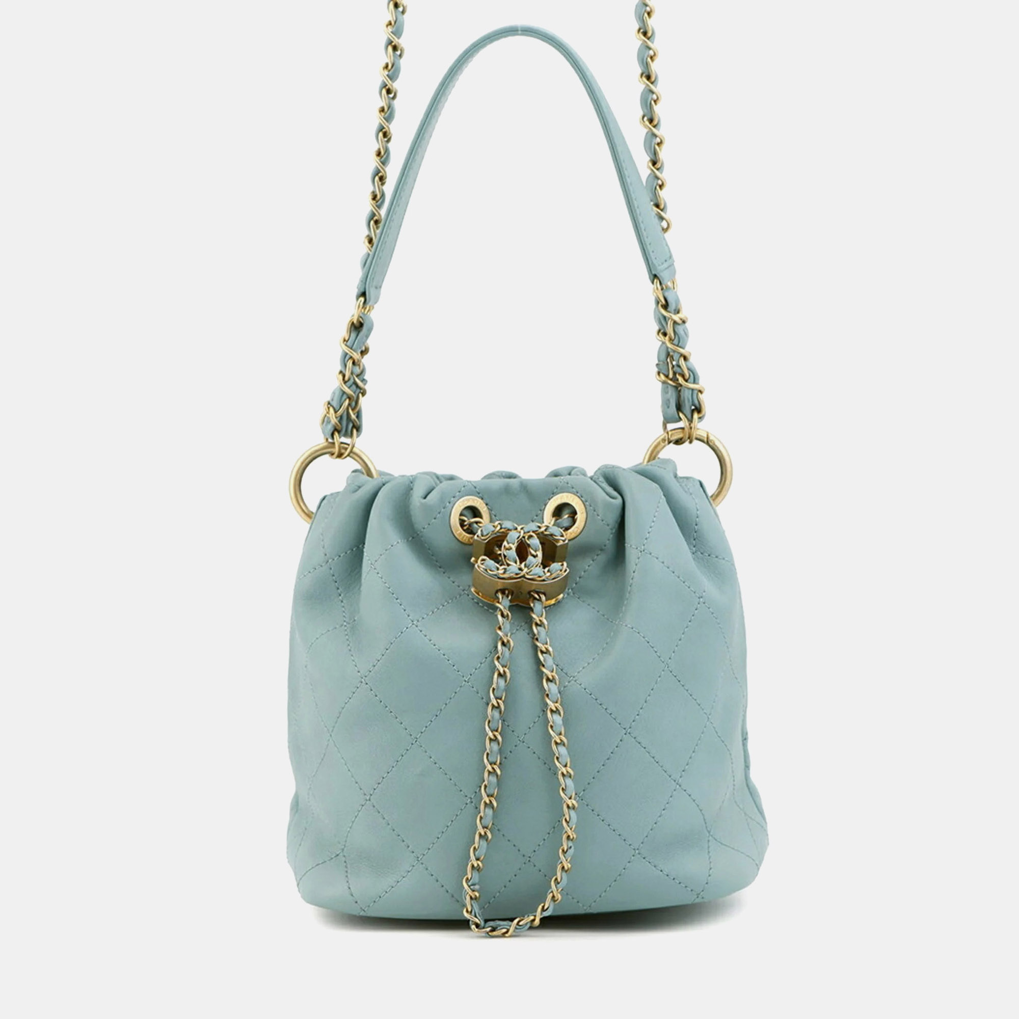 

Chanel Chain Shoulder Bag With Coco Mark Matelasse Drawstring And Lambskin Leather, Blue