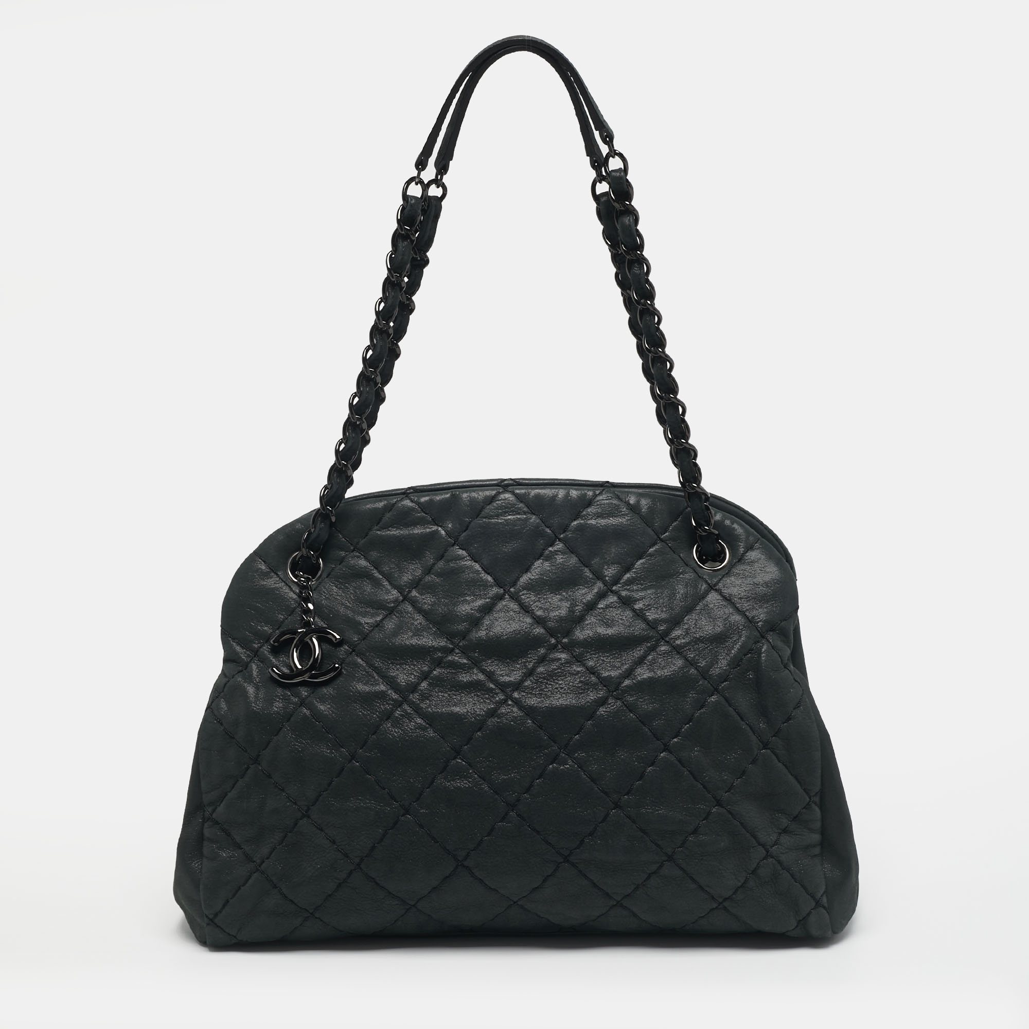 

Chanel Just Mademoiselle  Dark Green Quilted Iridescent Leather Bowling Bag