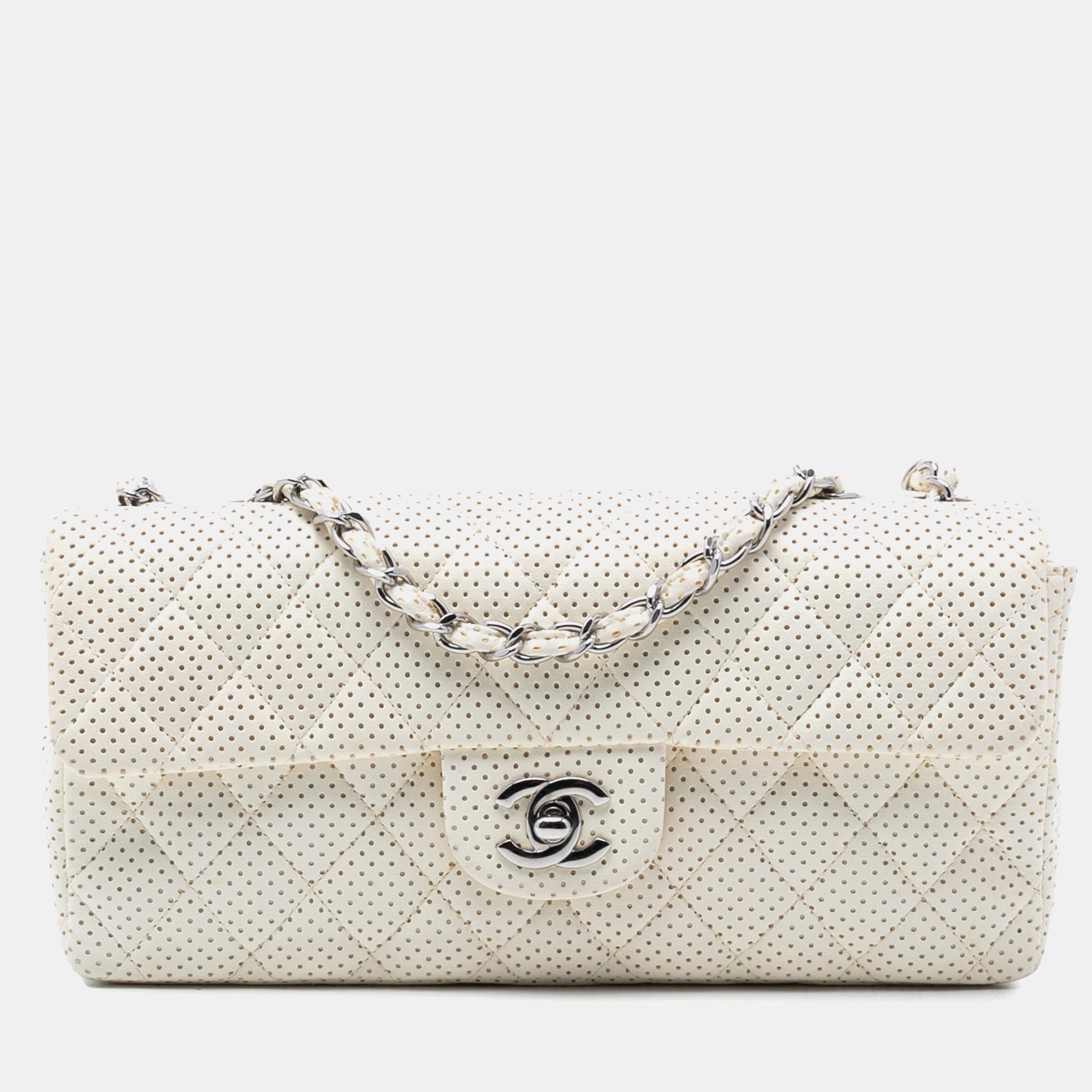 

Chanel White Classic Perforated Lambskin East West Flap