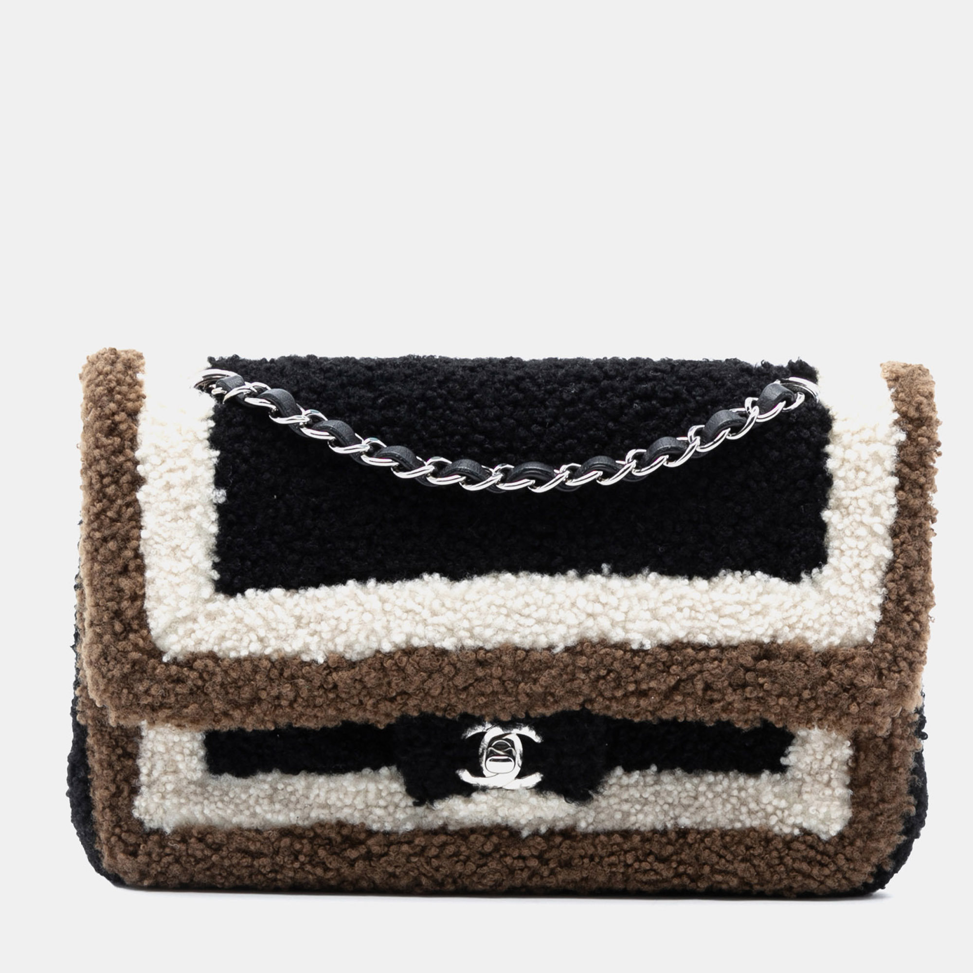 

Chanel Black Medium Classic Tricolor Shearling Double Flap
