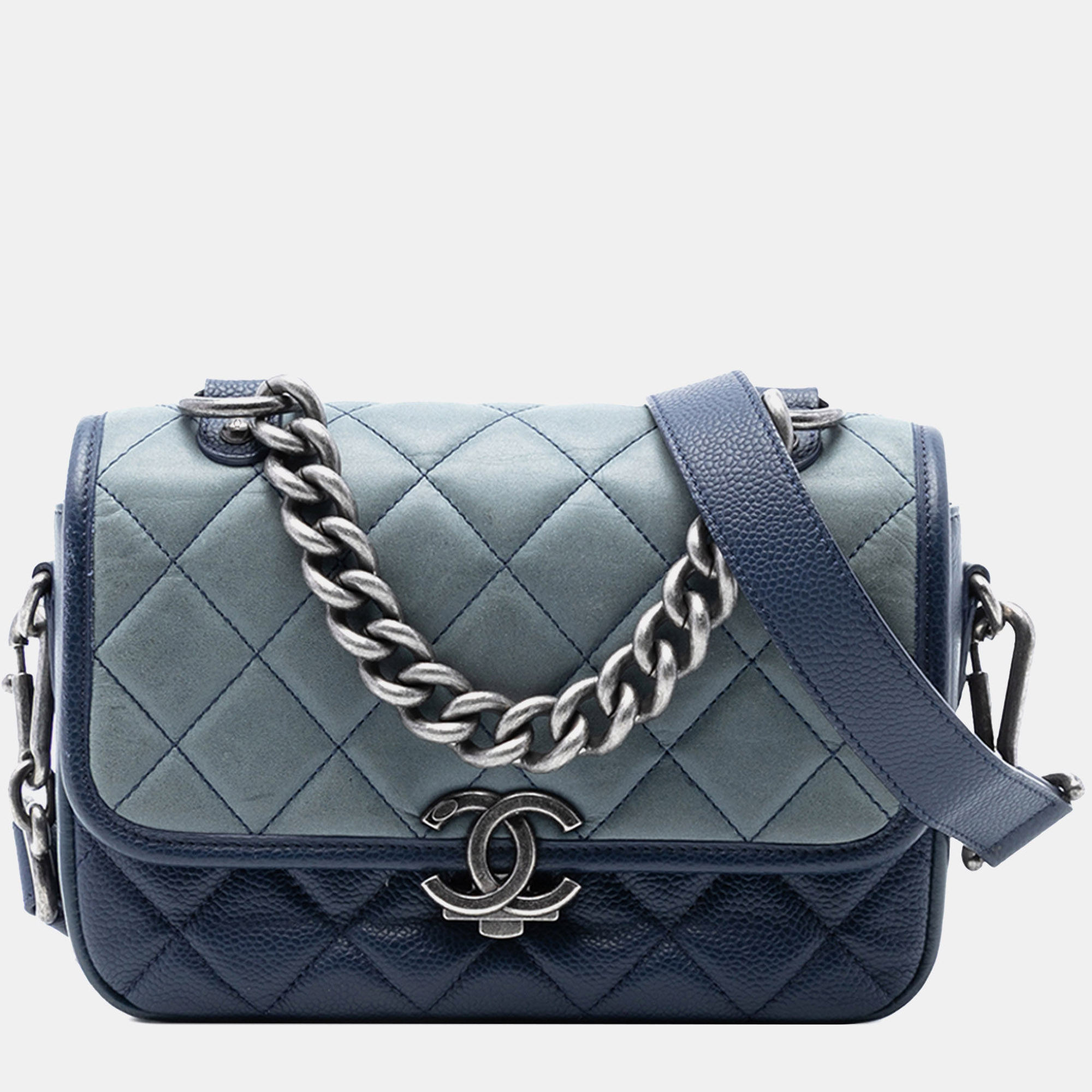 

Chanel Blue Small Quilted Iridescent Calfskin and Caviar Daily Carry Flap