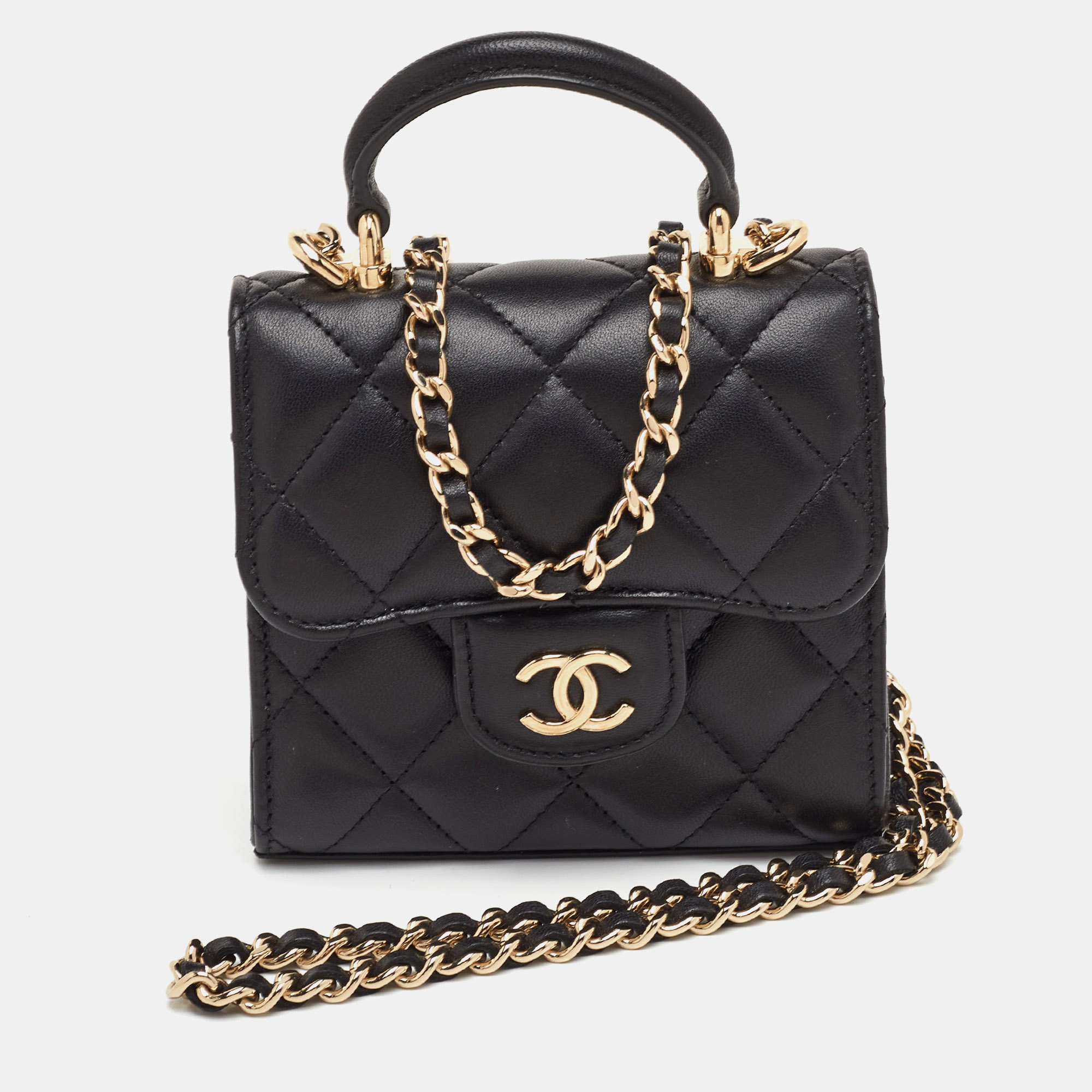

Chanel Extra Mini Black Quilted Leather CC Flap Top Handle Bag
