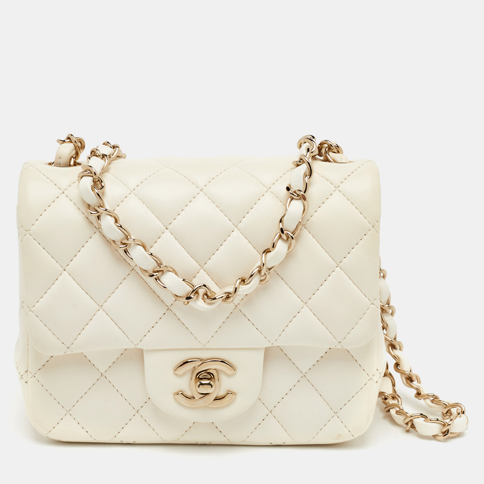 

Chanel Classic Square Mini White Quilted Leather Single Flap Bag