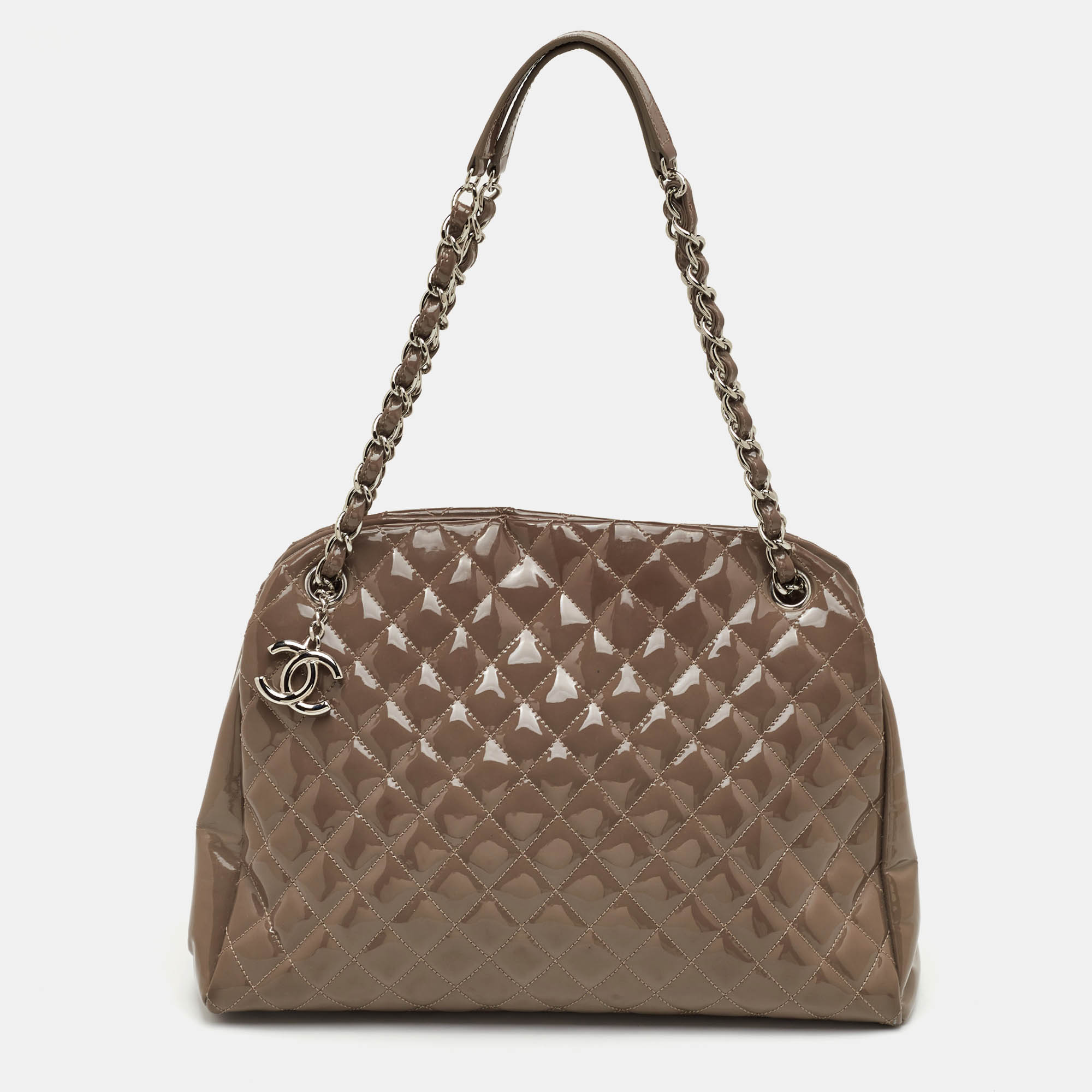 

Chanel Just Mademoiselle Large Brown Quilted Patent Leather Bag