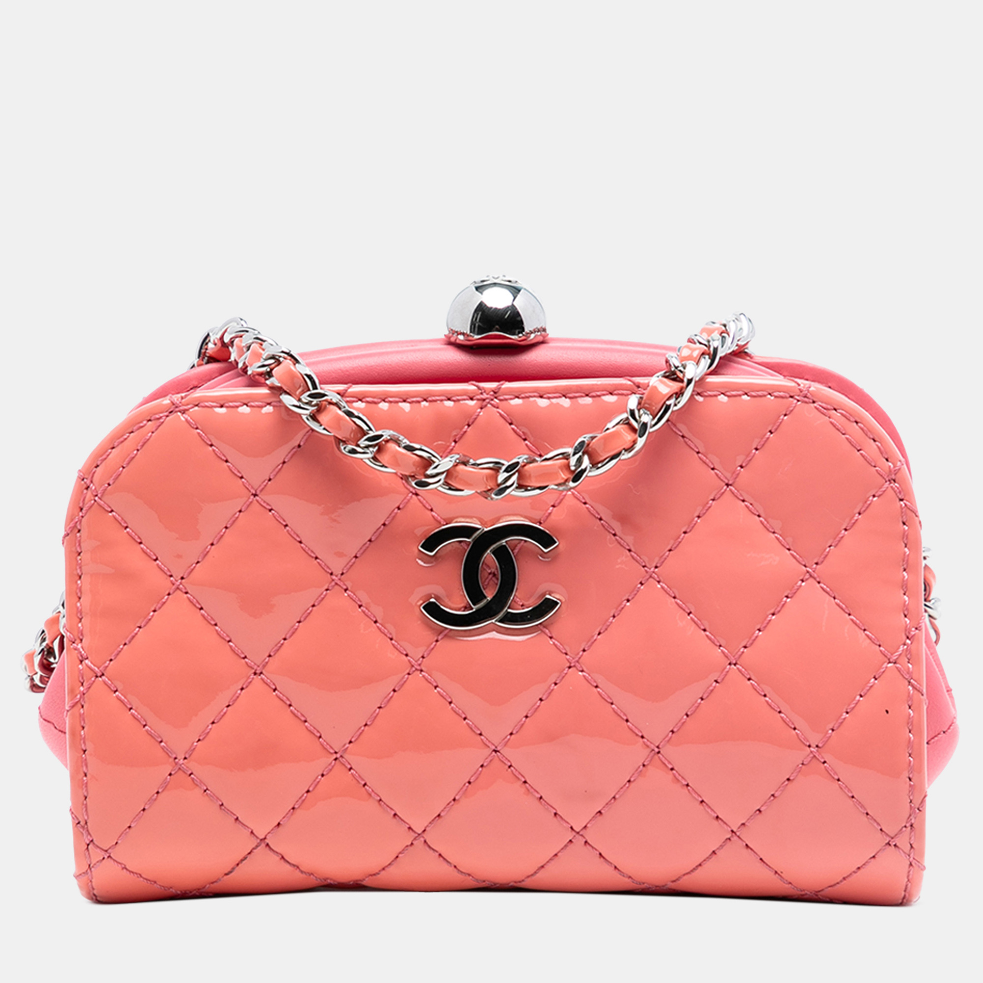 

Chanel Pink CC Quilted Patent Frame Clutch with Chain