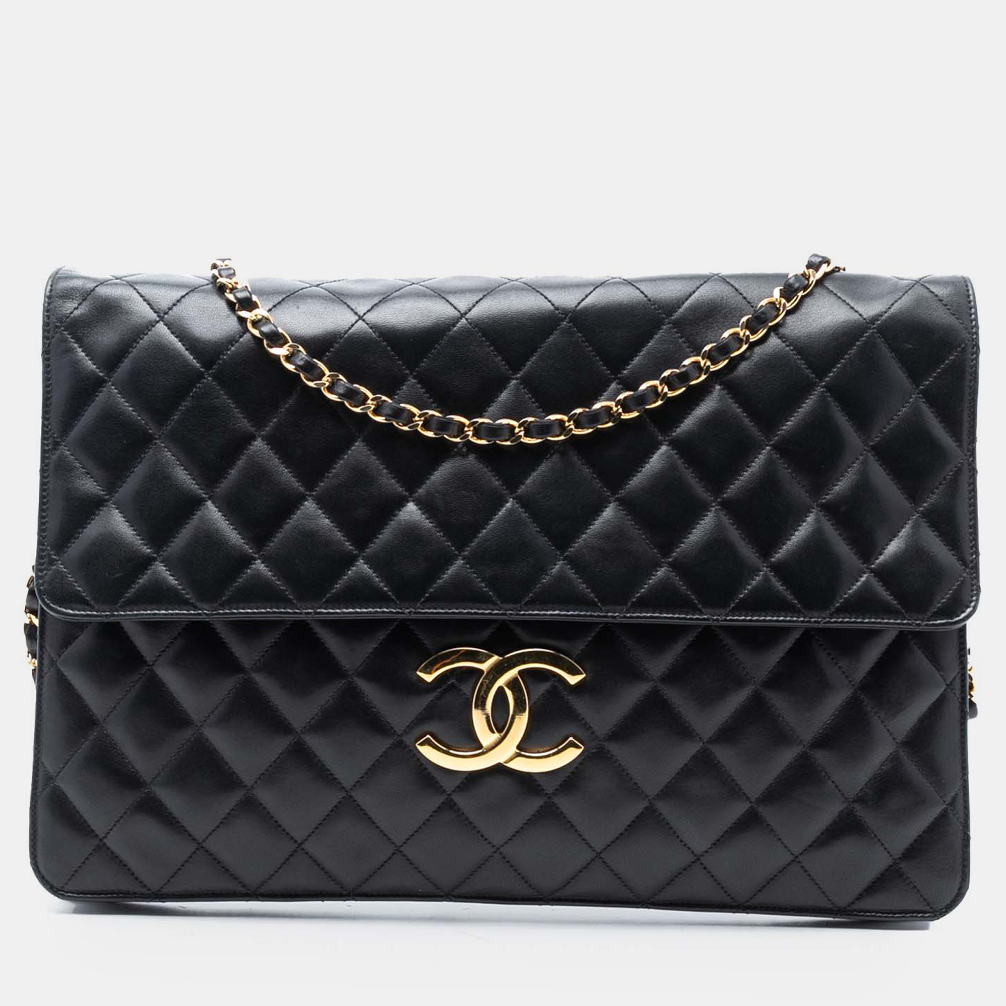 

Chanel Black Maxi  Quilted Lambskin Clutch with Chain