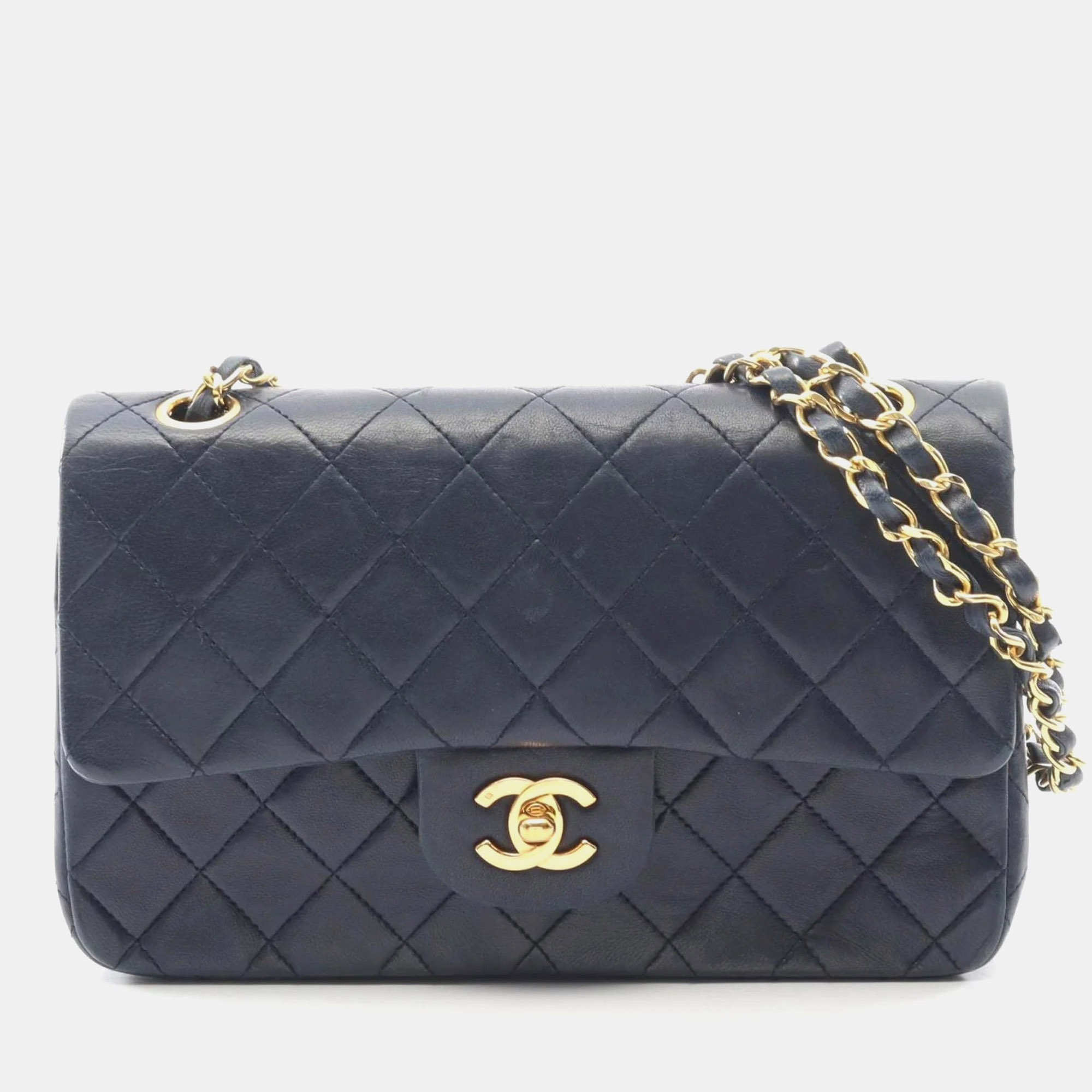 

Chanel Matelasse Double Flap Shoulder Bag In Lambskin Sheepskin Navy, Navy blue
