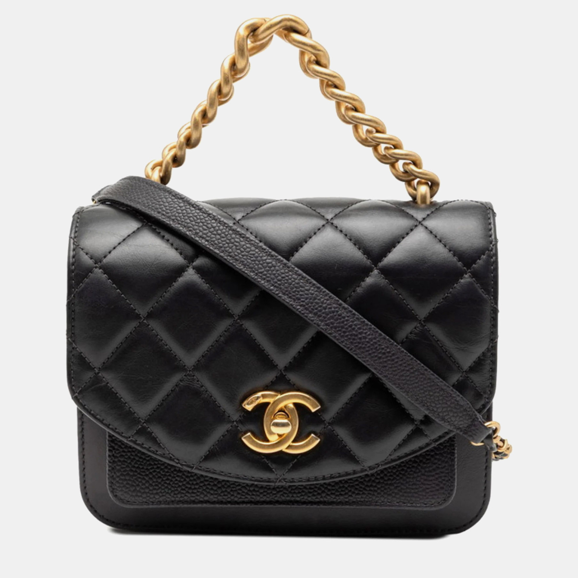 

Chanel Coco Mark Tricolor Material Black, Navy Leather Caviar Skin Chain Shoulder Bag Handbag
