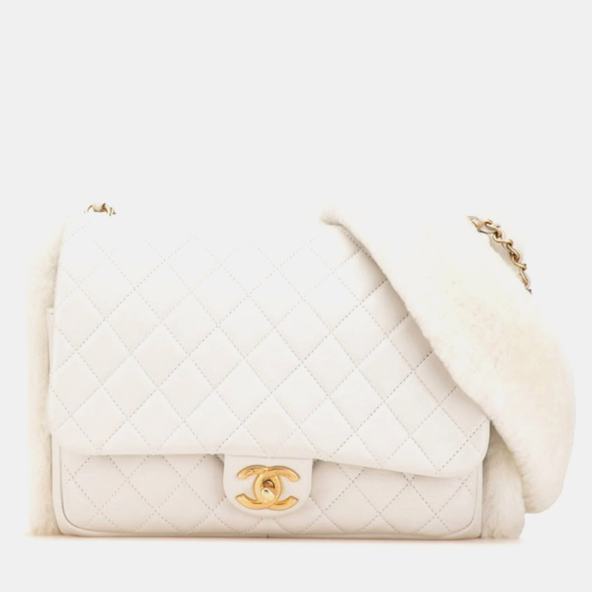 

Chanel Matelasse Coco Mark Hand Warmer Chain Shoulder Bag In Gray With Gold Hardware Lambskin And Fur, Grey