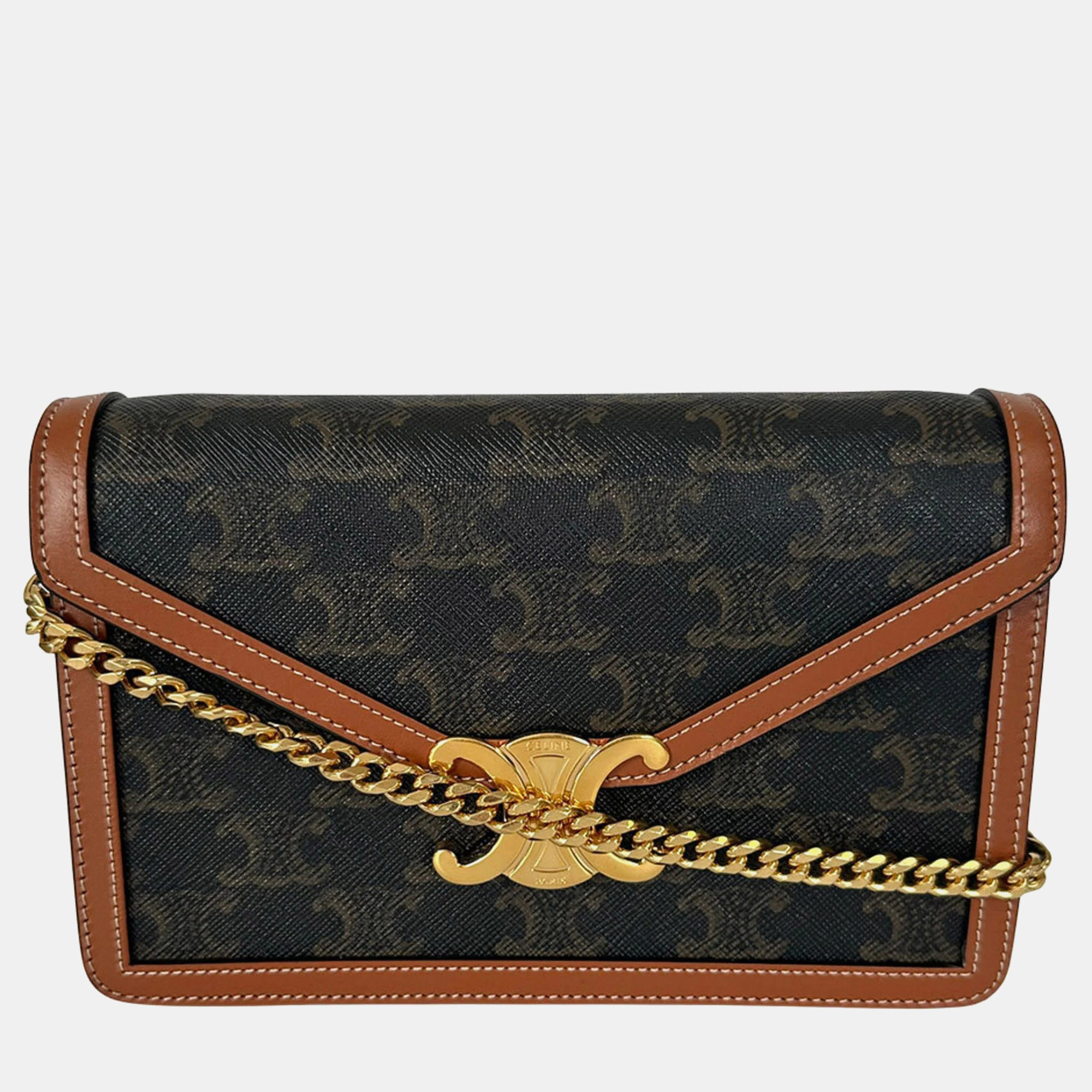 

Celine Triomphe Shoulder Bag Dark Brown Compact Mini With Logo