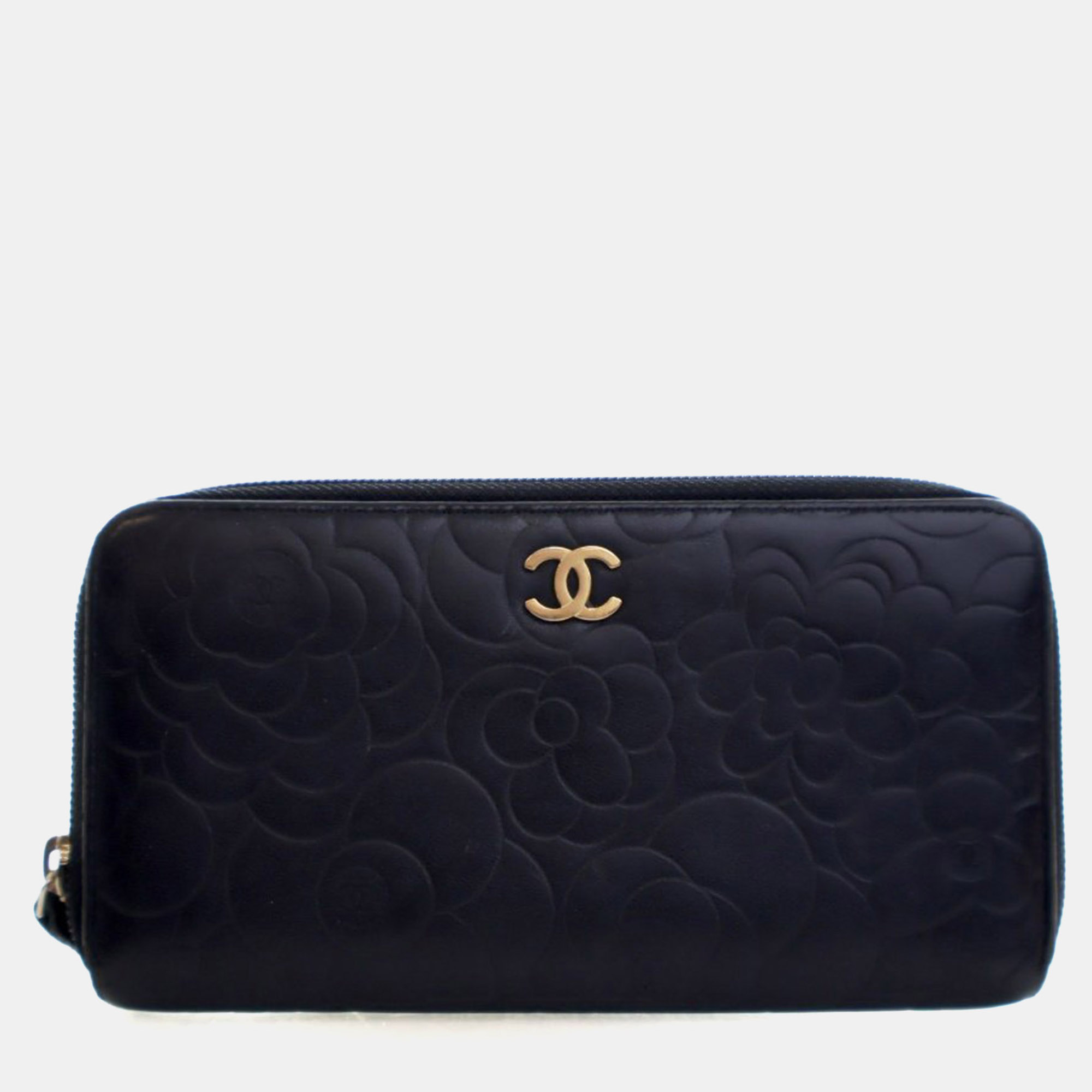 

Chanel Black Lambskin Camellia Zip Around Long Wallet