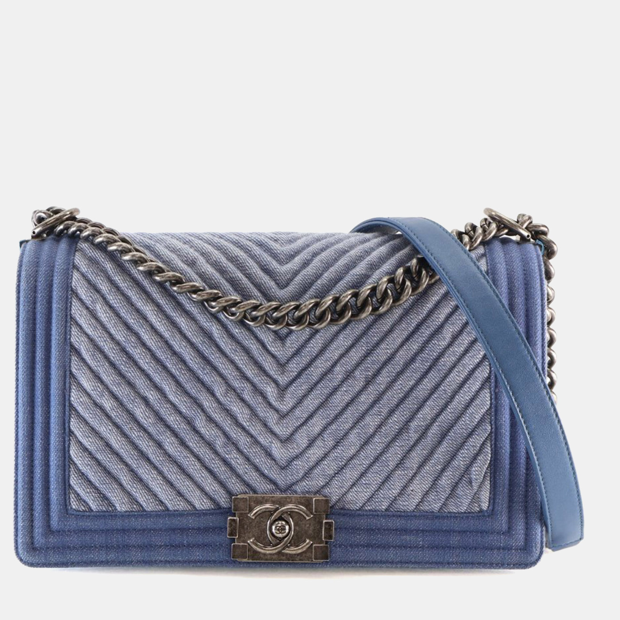 

Chanel Large Blue Denim Chevron Boy Bag