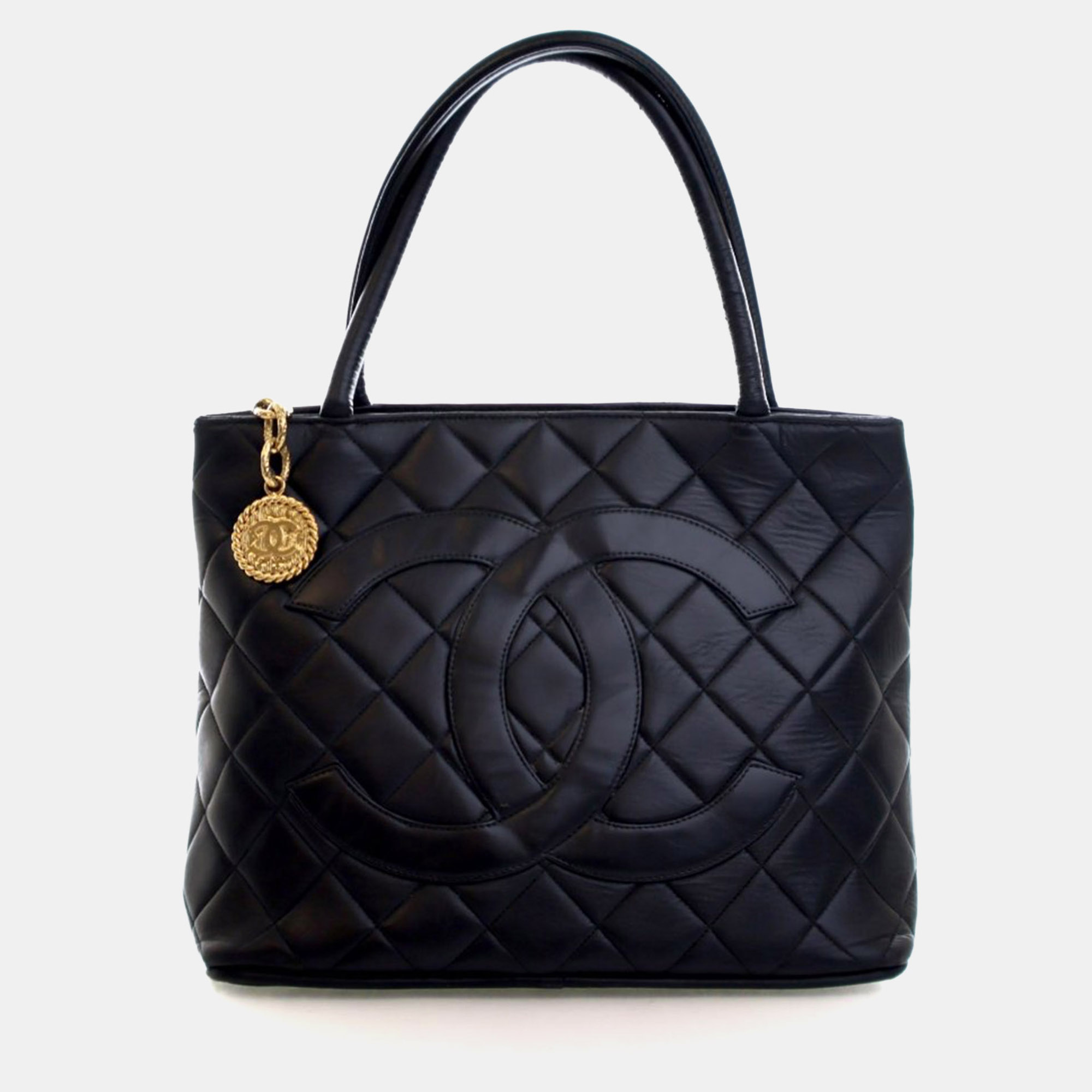 

Chanel Vintage Lambskin Medallion Tote, Black