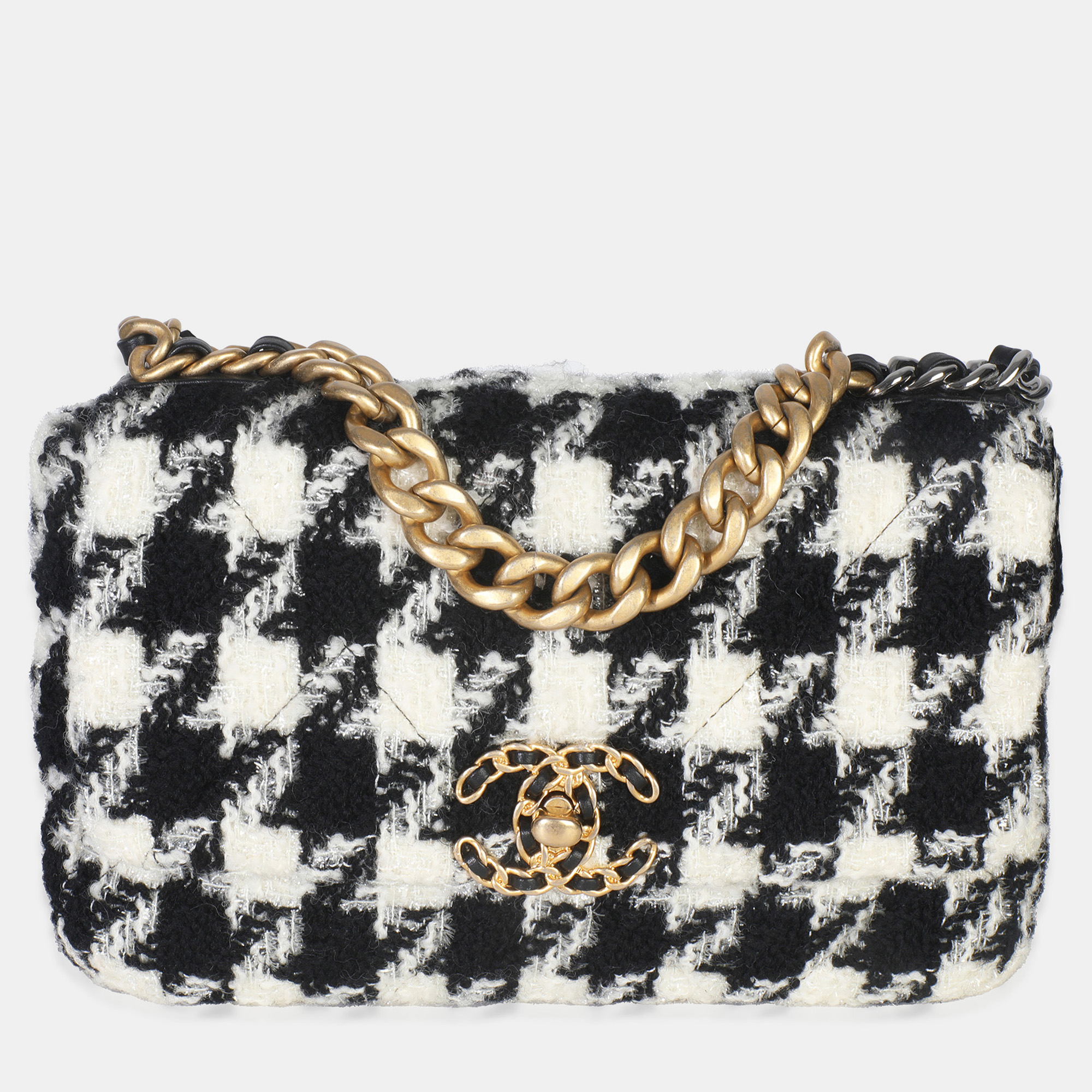 

Chanel Black White Tweed Small Chanel 19 Flap Bag