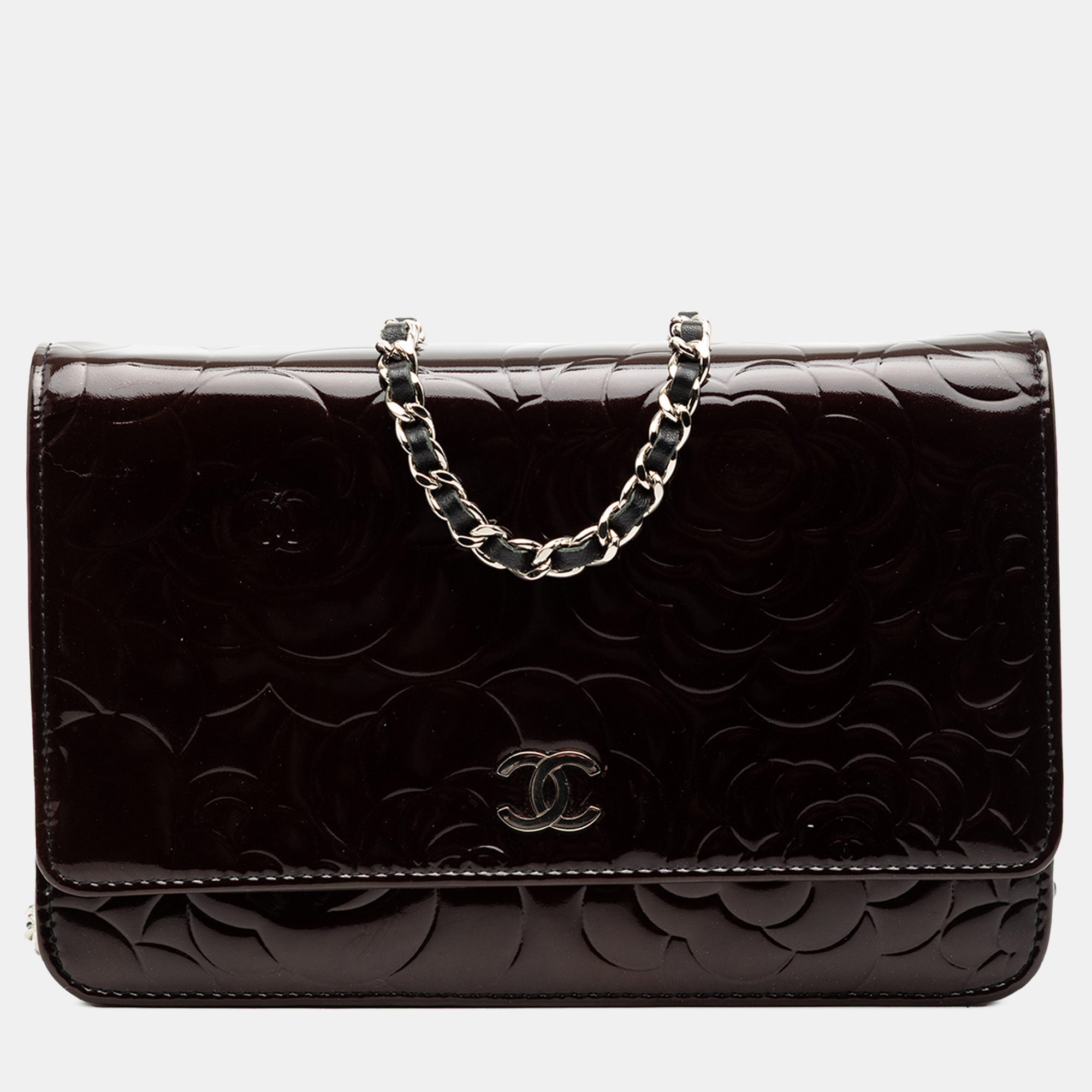 

Chanel Brown CC Embossed Patent Camellia Wallet On Chain