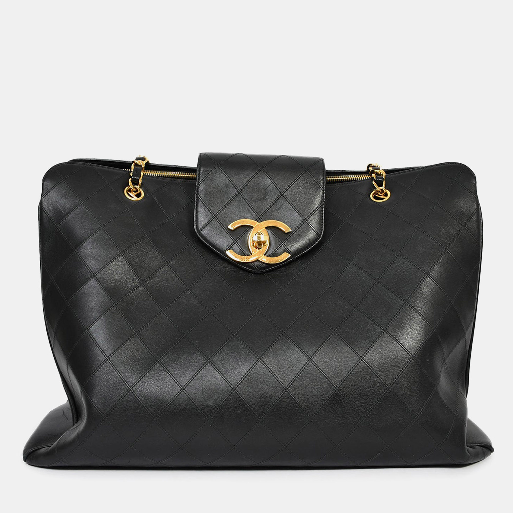 

Chanel 1991/94 Black Leather Quilted  Supermodel Weekender Tote