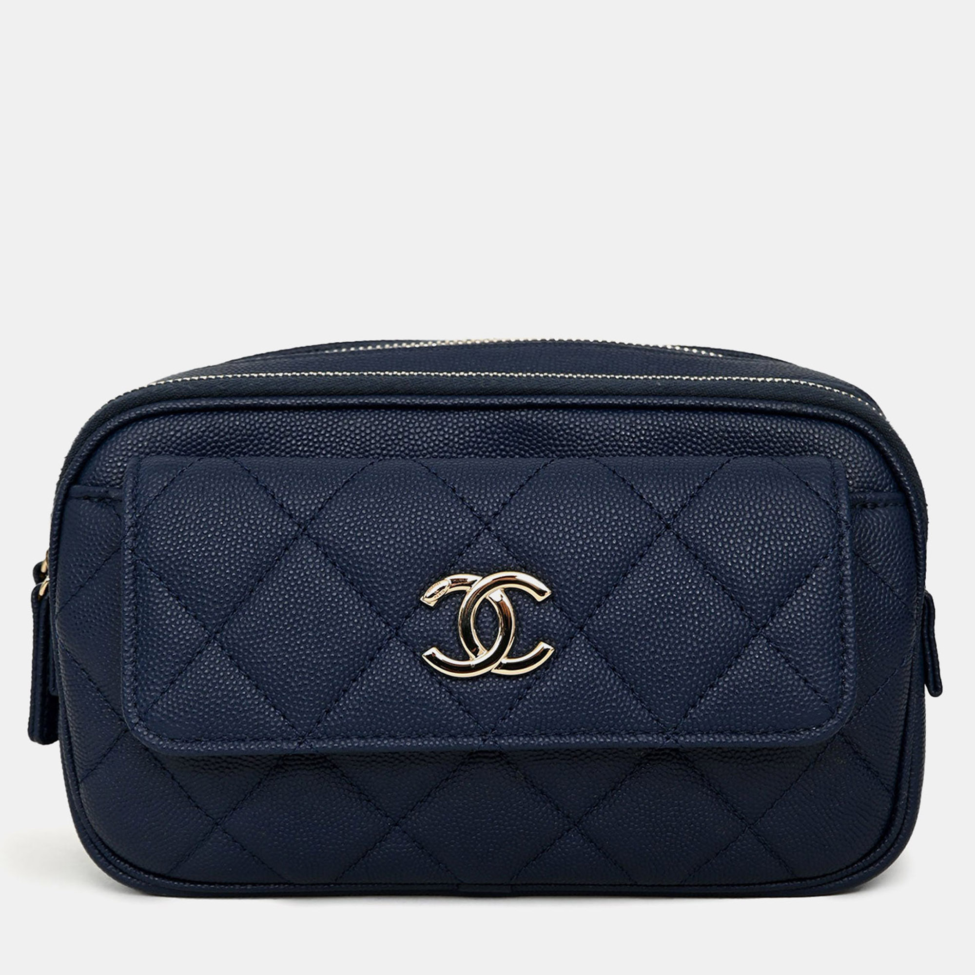 Pre-owned Chanel 2019-20 Navy Caviar Leather Casual Trip Belt Bag With Insert In Blue