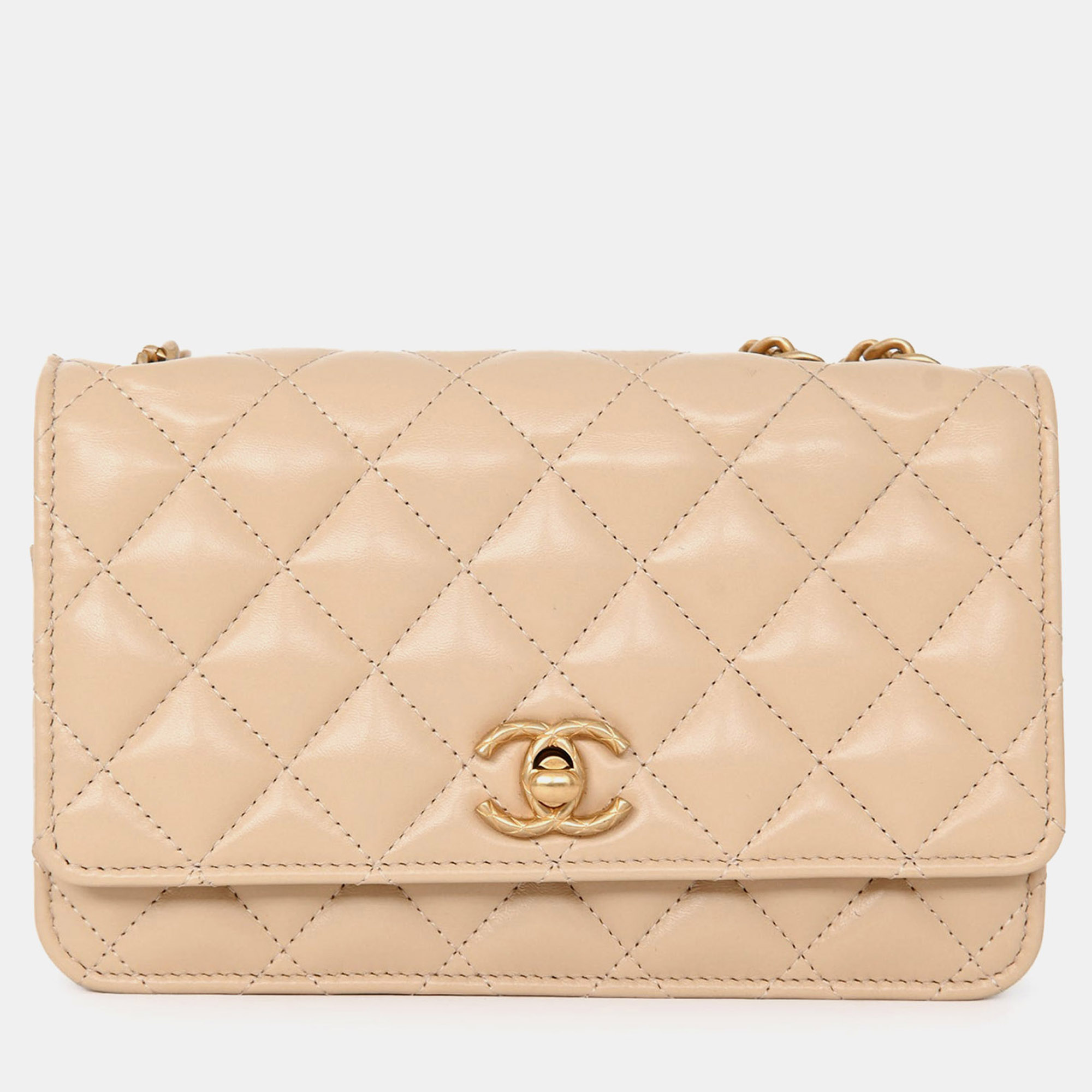 Pre-owned Chanel Beige Lambskin Leather All Slide Wallet On Chain In Sand