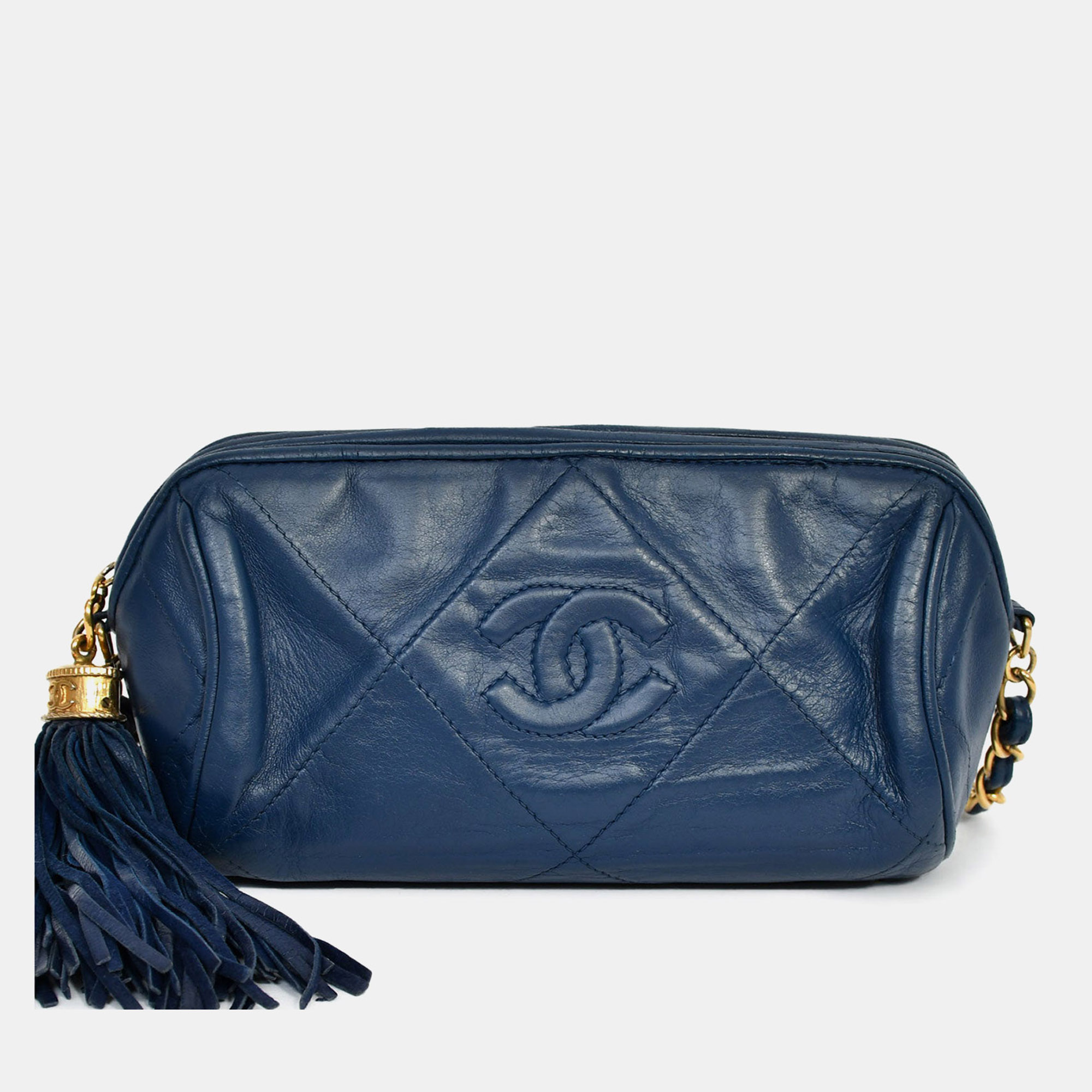 

Chanel 1986-88 Navy Lambskin Leather Tassel CC Mini Barrel Bag Mini GHW, Blue