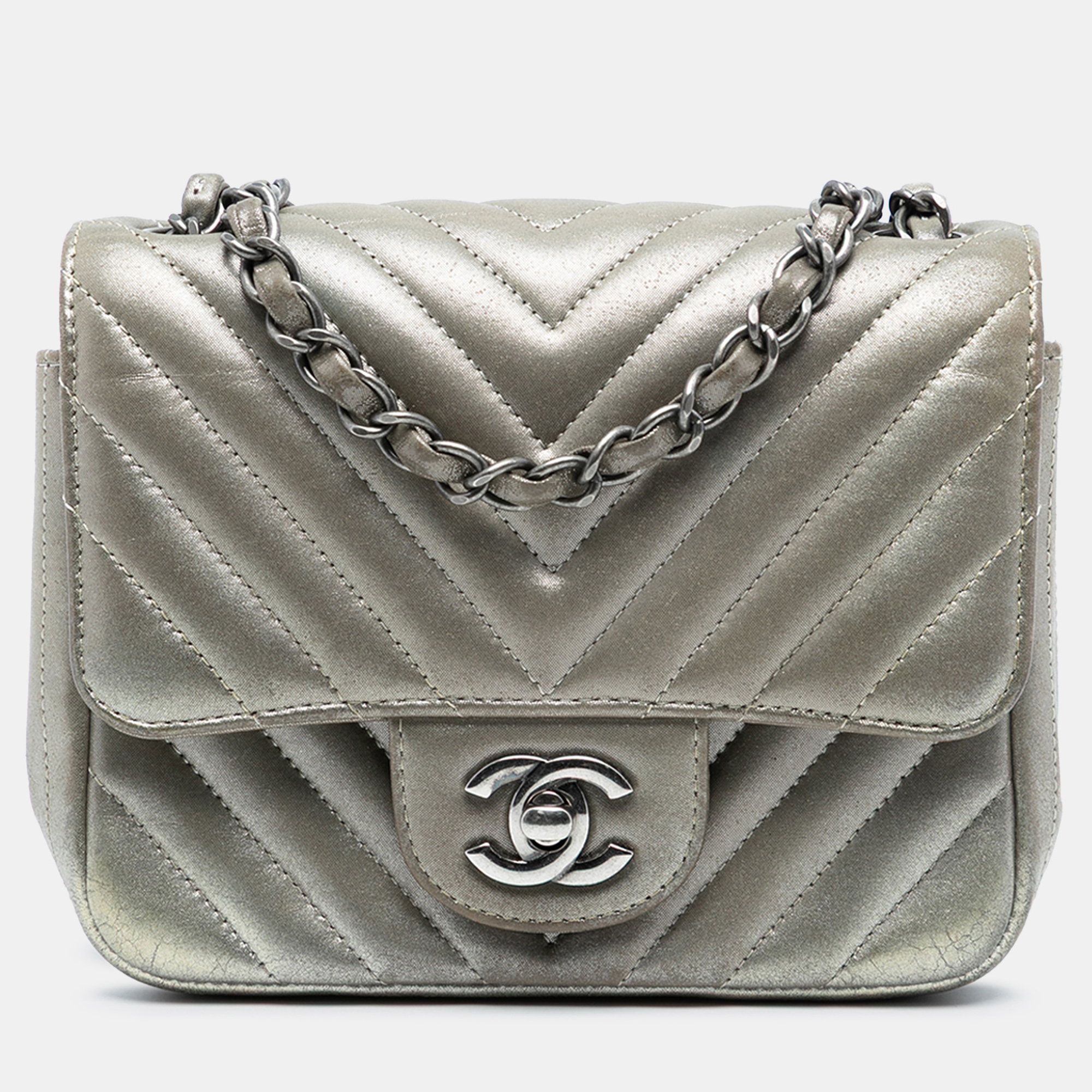 

Chanel Silver Mini Square Classic Chevron Iridescent Calfskin Single Flap