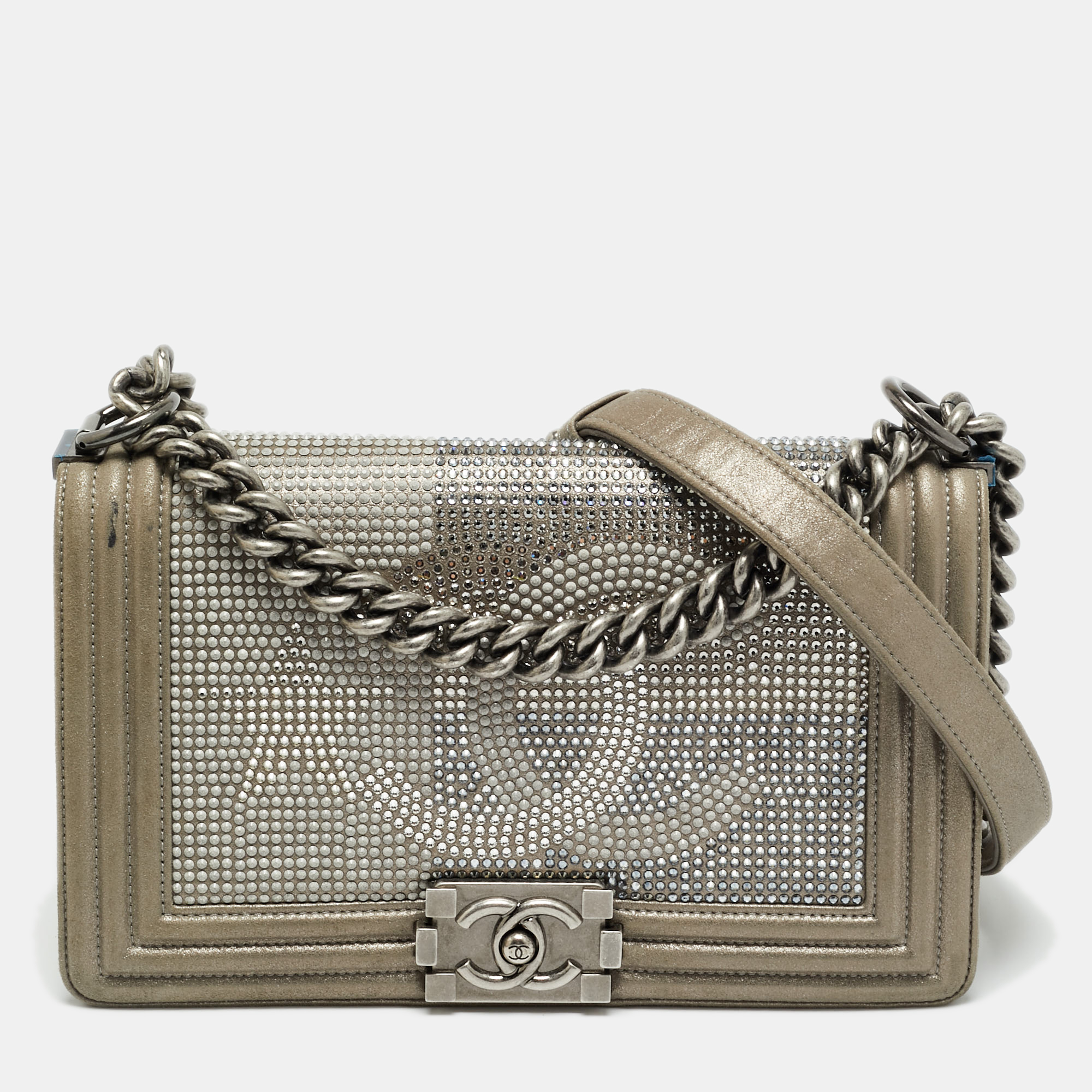 

Chanel CC Crystal Boy Medium Grey Leather Flap Bag