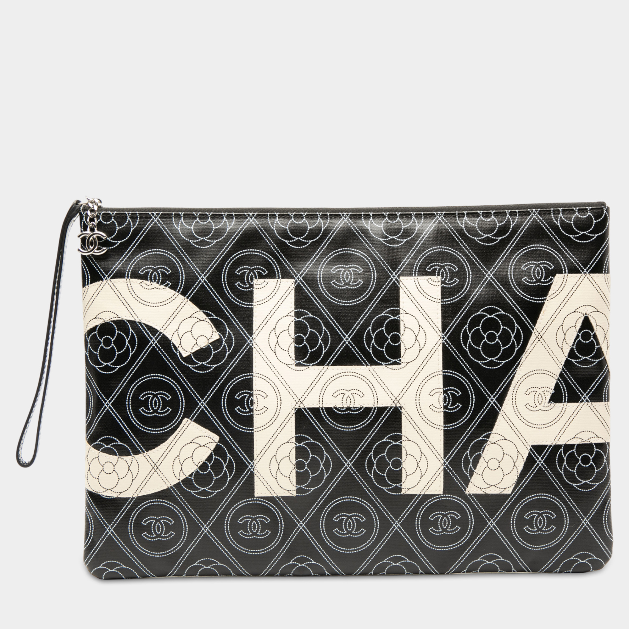 

Chanel Black White Coated Canvas Camellia Logo Wristlet Clutch