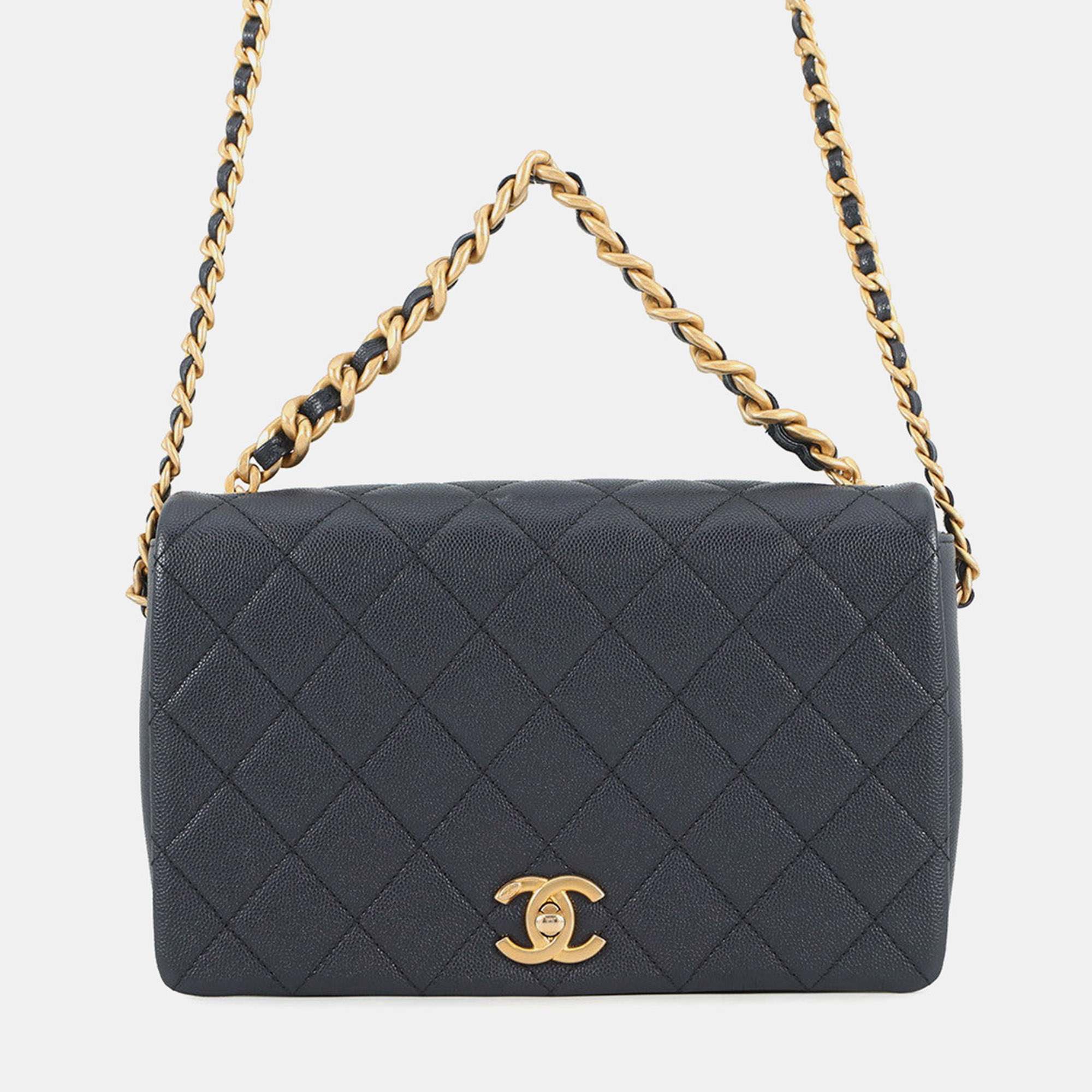 

Chanel Matelasse Full Flap Chain shoulder Bag Navy/Pink Caviar Leather, Navy blue