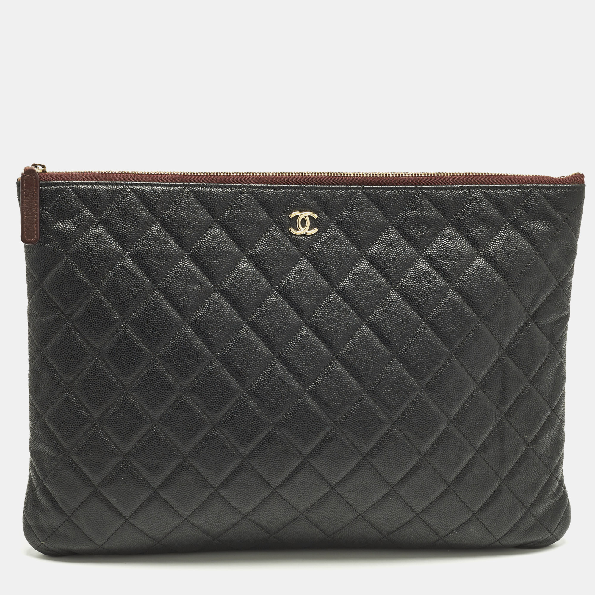 

Chanel O Case Large Black Quilted Caviar Leather Zip Pouch Clutch