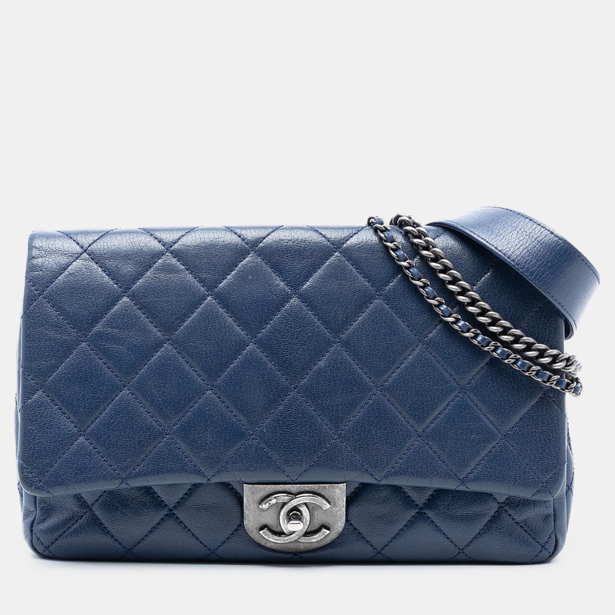 

Chanel Blue Large Quilted Goatskin Double Carry Waist Chain Flap