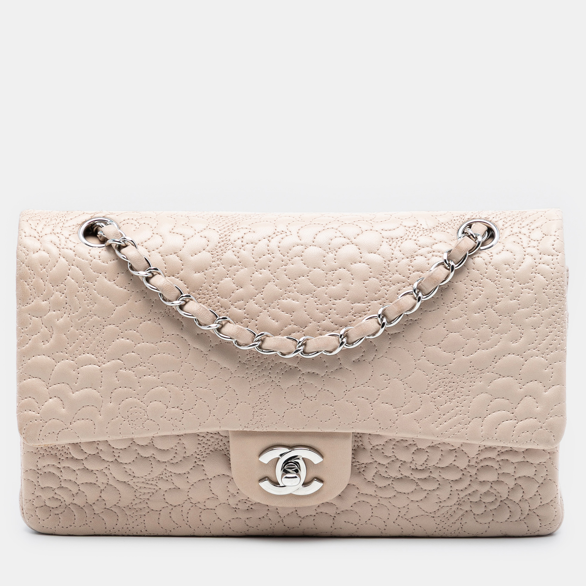 

Chanel Brown Medium Classic Lambskin Camellia Stitched Double Flap