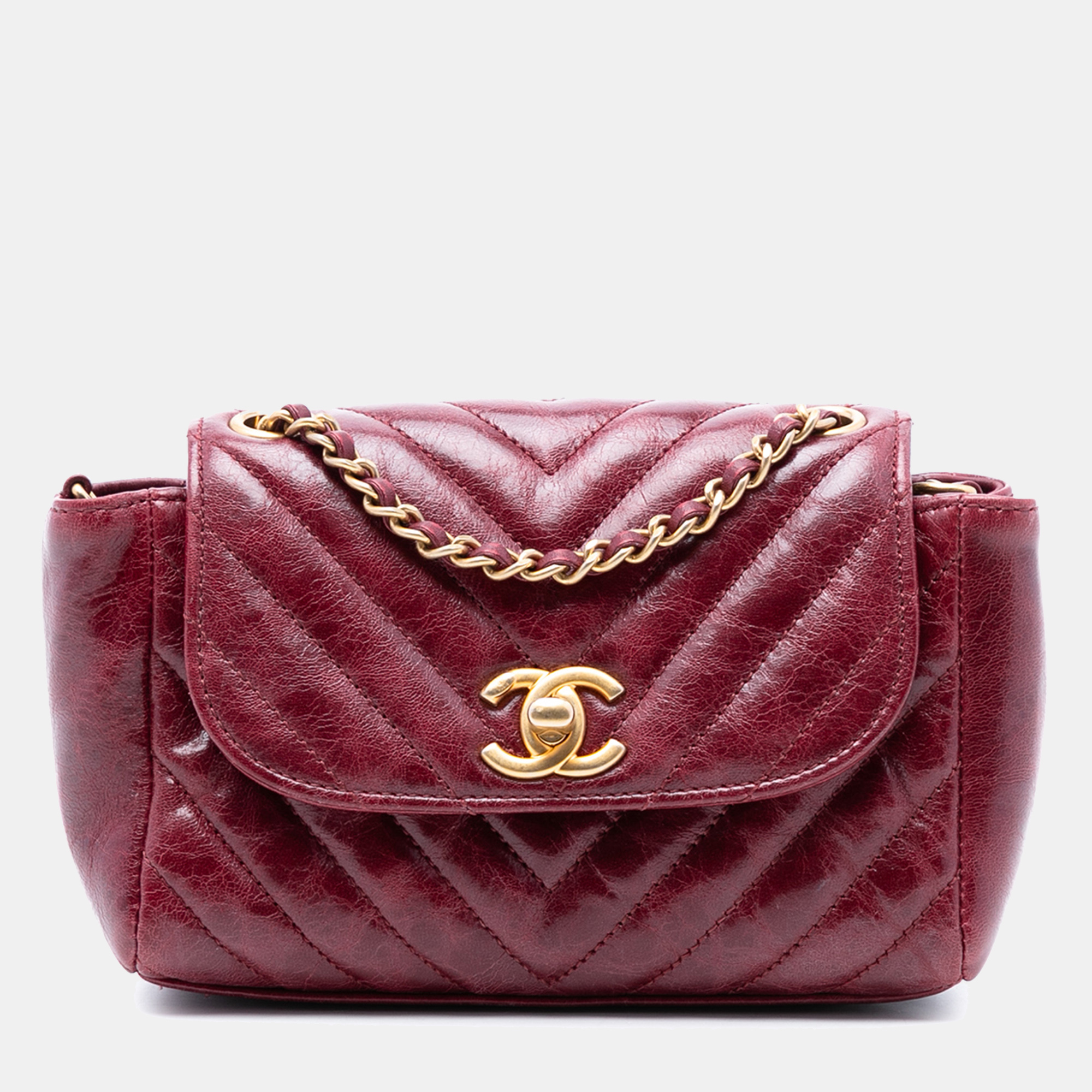 

Chanel Red Small Chevron Aged Lambskin Hampton Flap