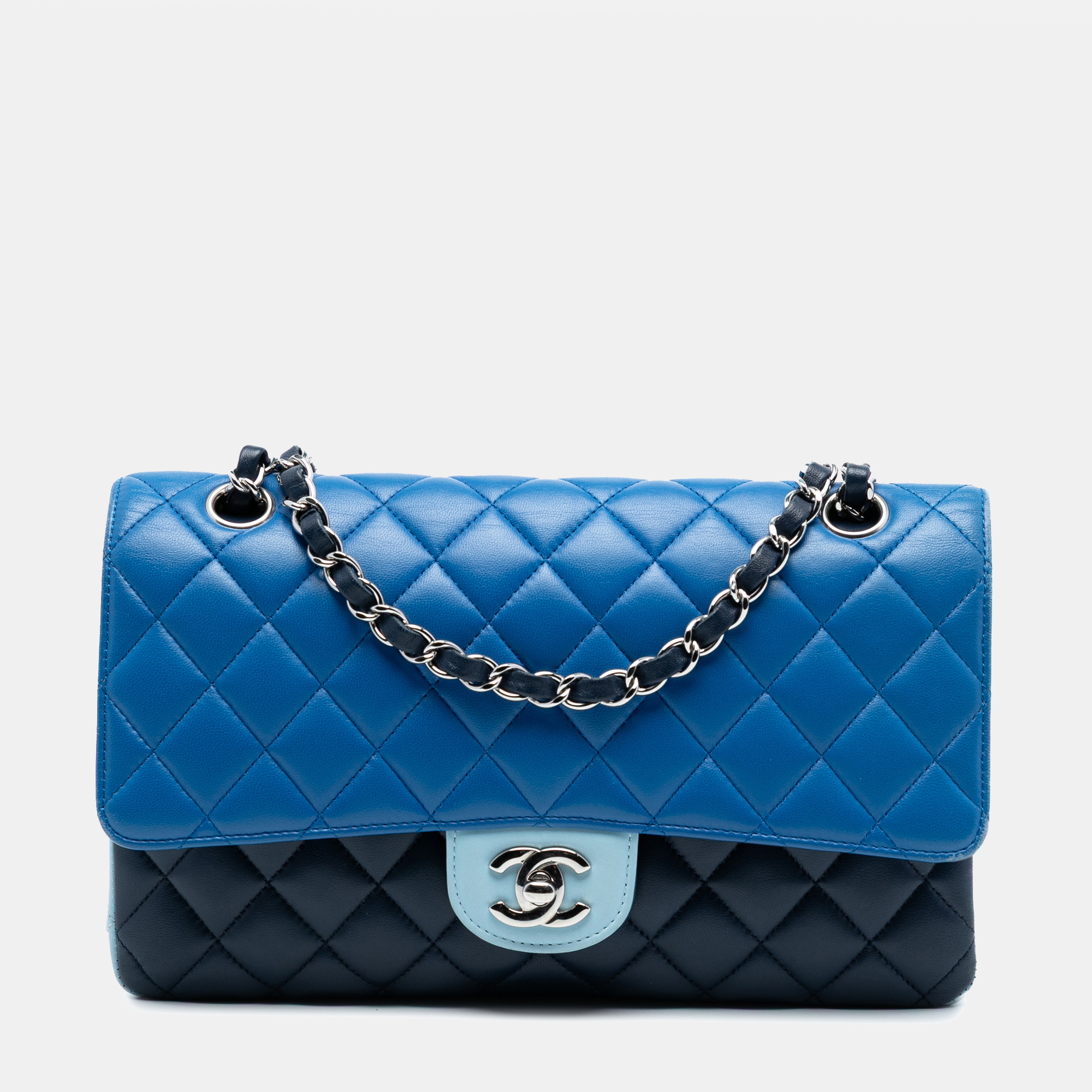 

Chanel Blue Medium Classic Tricolor Lambskin Double Flap