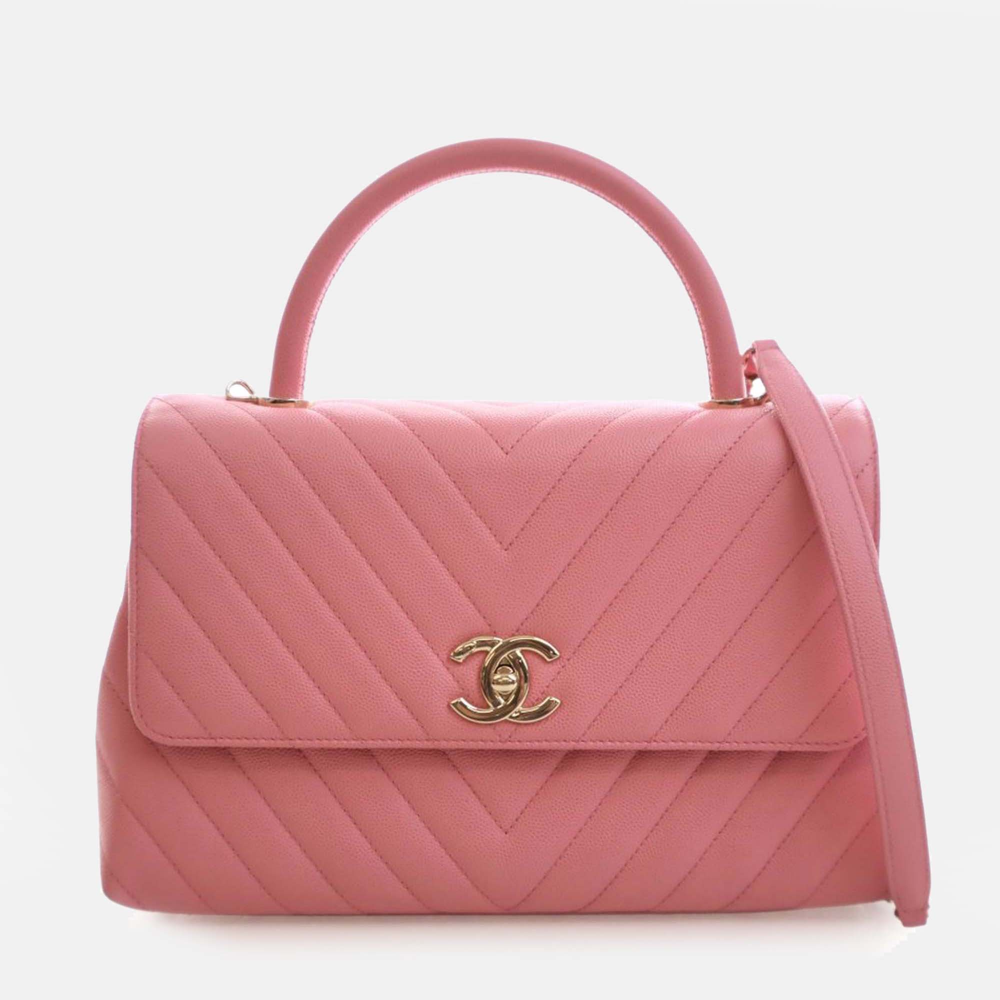 

Chanel Pink Small Caviar Chevron Coco Top Handle Bag
