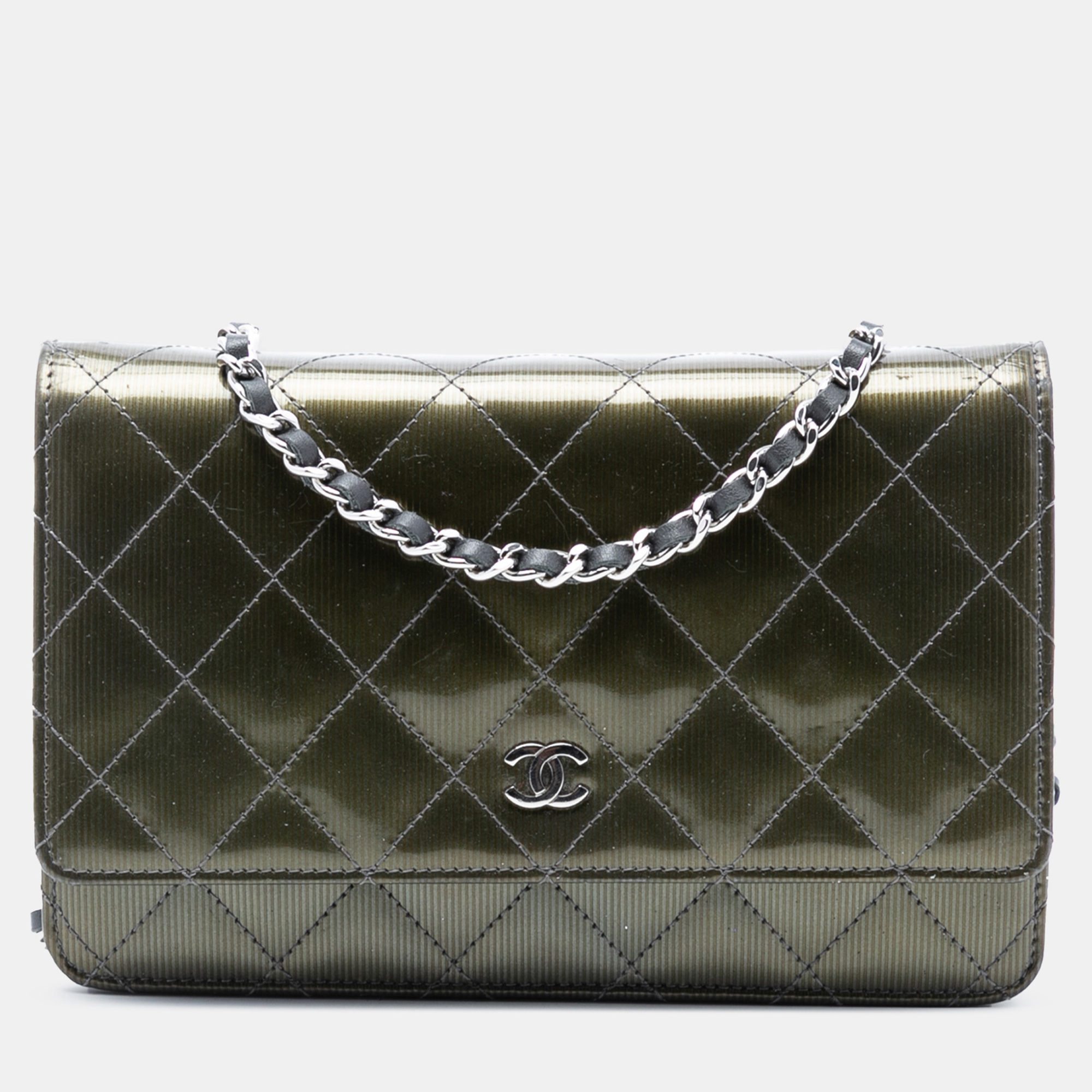 

Chanel Black Green CC Quilted Metallic Patent Striped Wallet on Chain