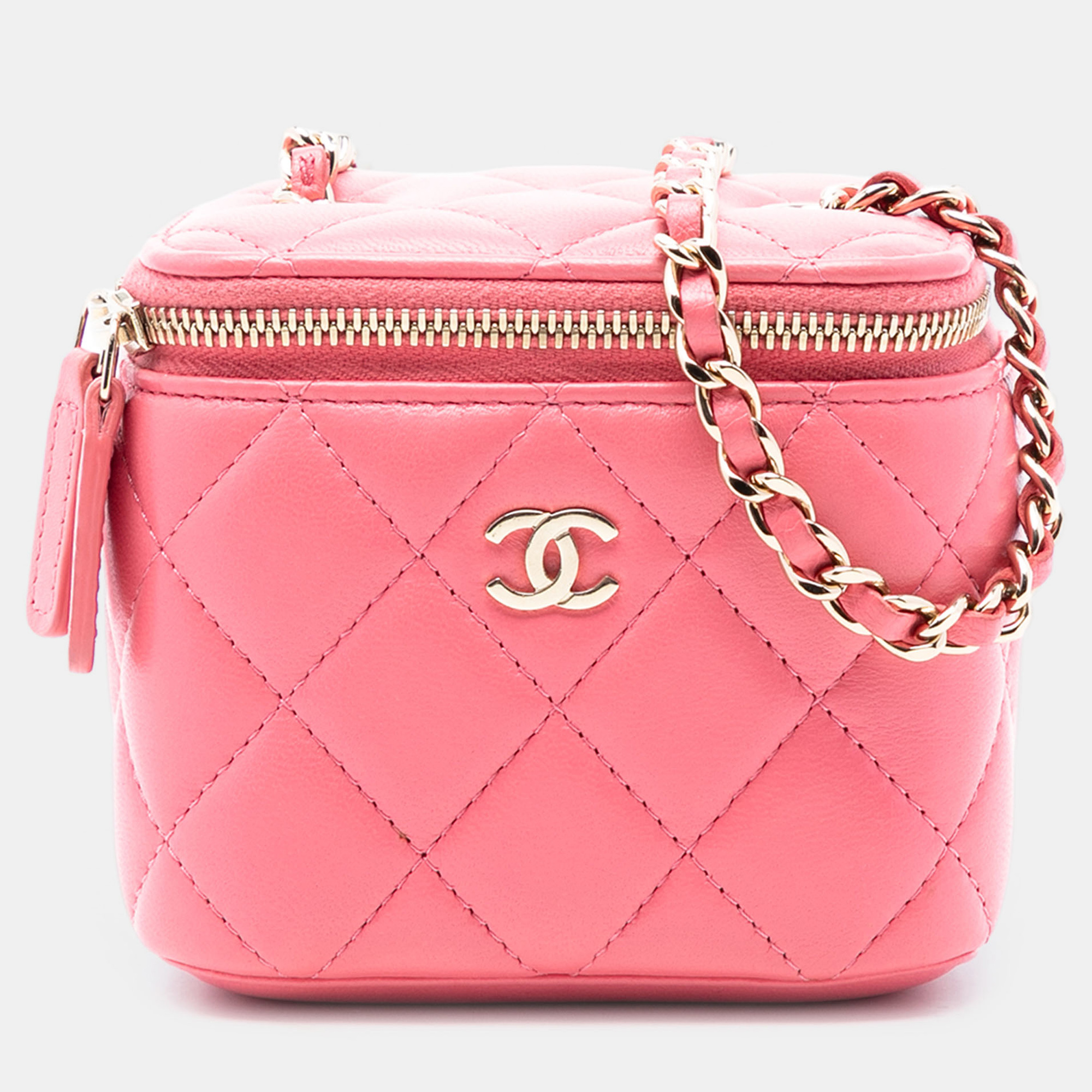 

Chanel Pink Mini Quilted Lambskin Top Handle Vanity Case With Chain