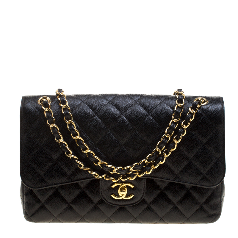 Pre Owned Chanel Black Quilted Caviar Leather Jumbo Classic Double Flap Bag