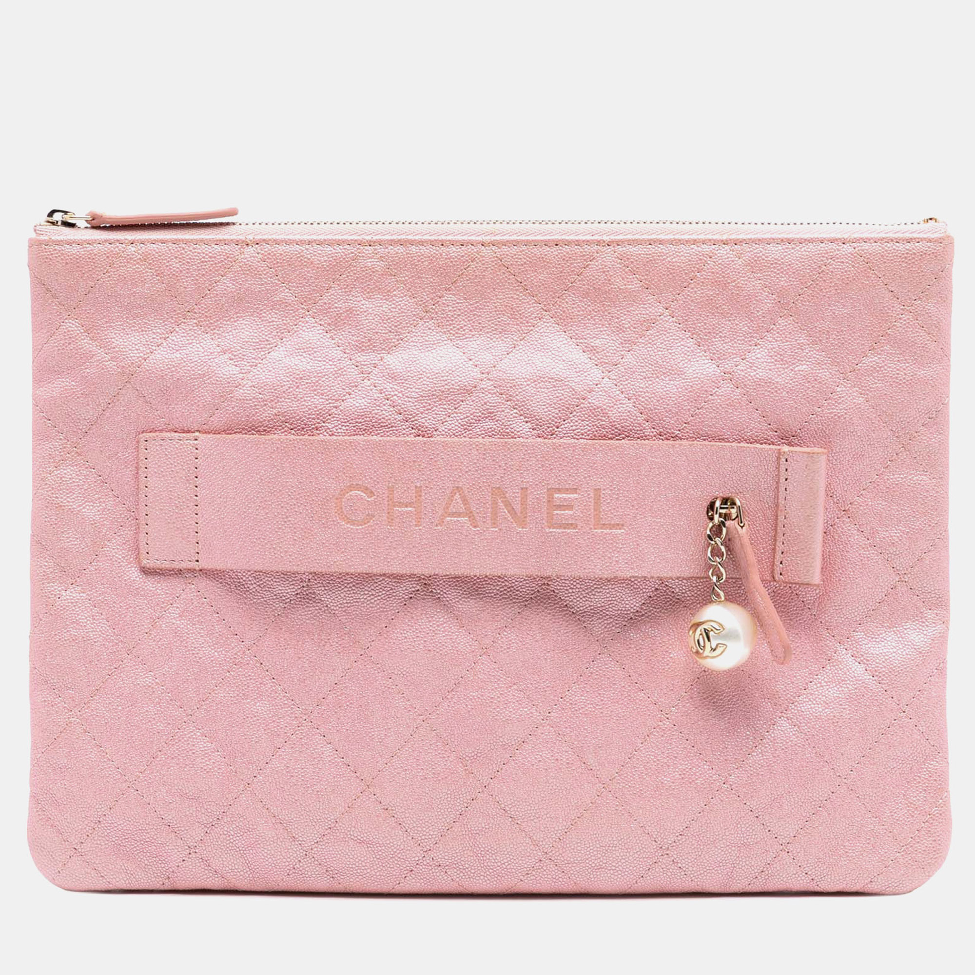 

Chanel Pink Large Quilted Iridescent Caviar Night by the C O Case Clutch