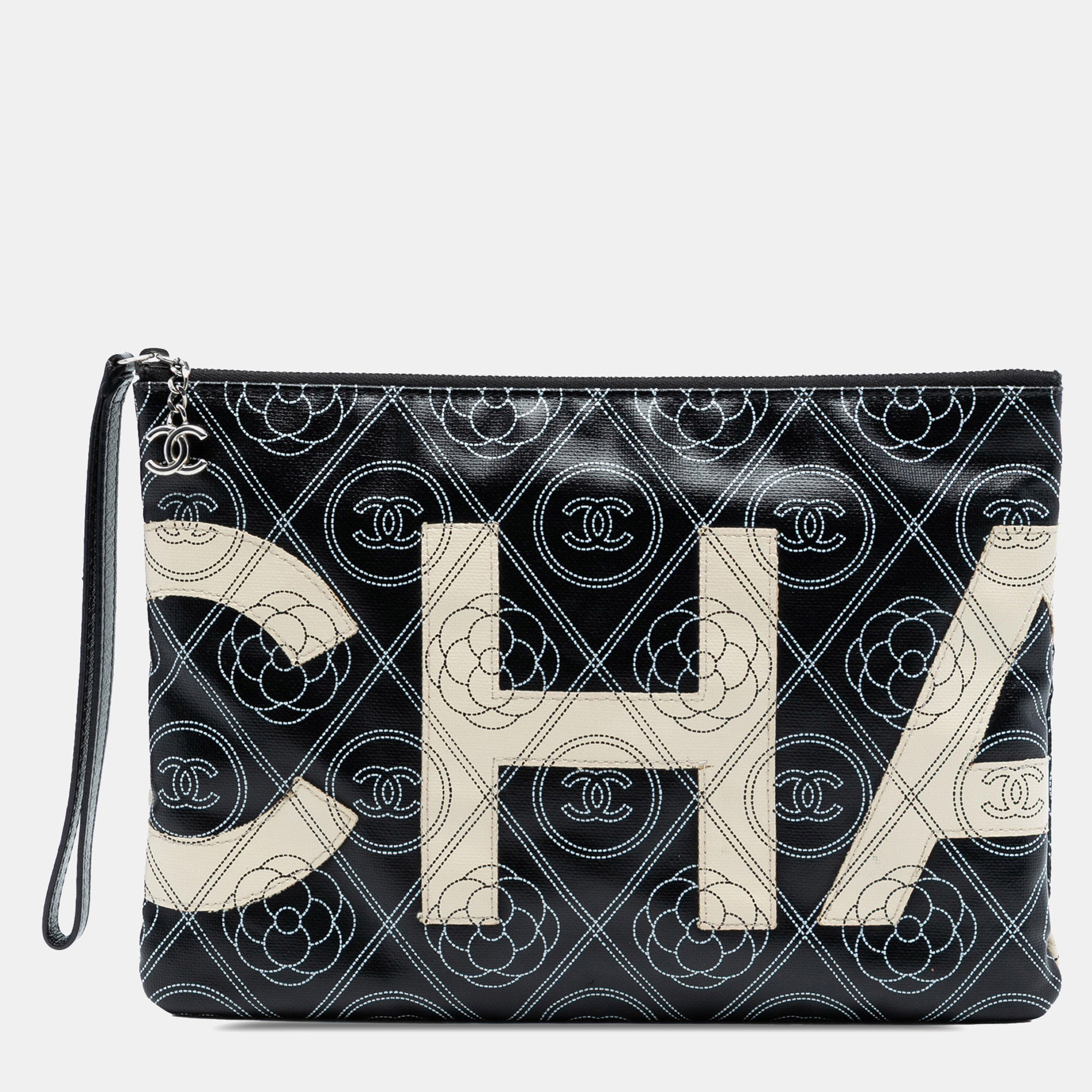 

Chanel Black Coated Canvas Camellia Logo Wristlet Clutch