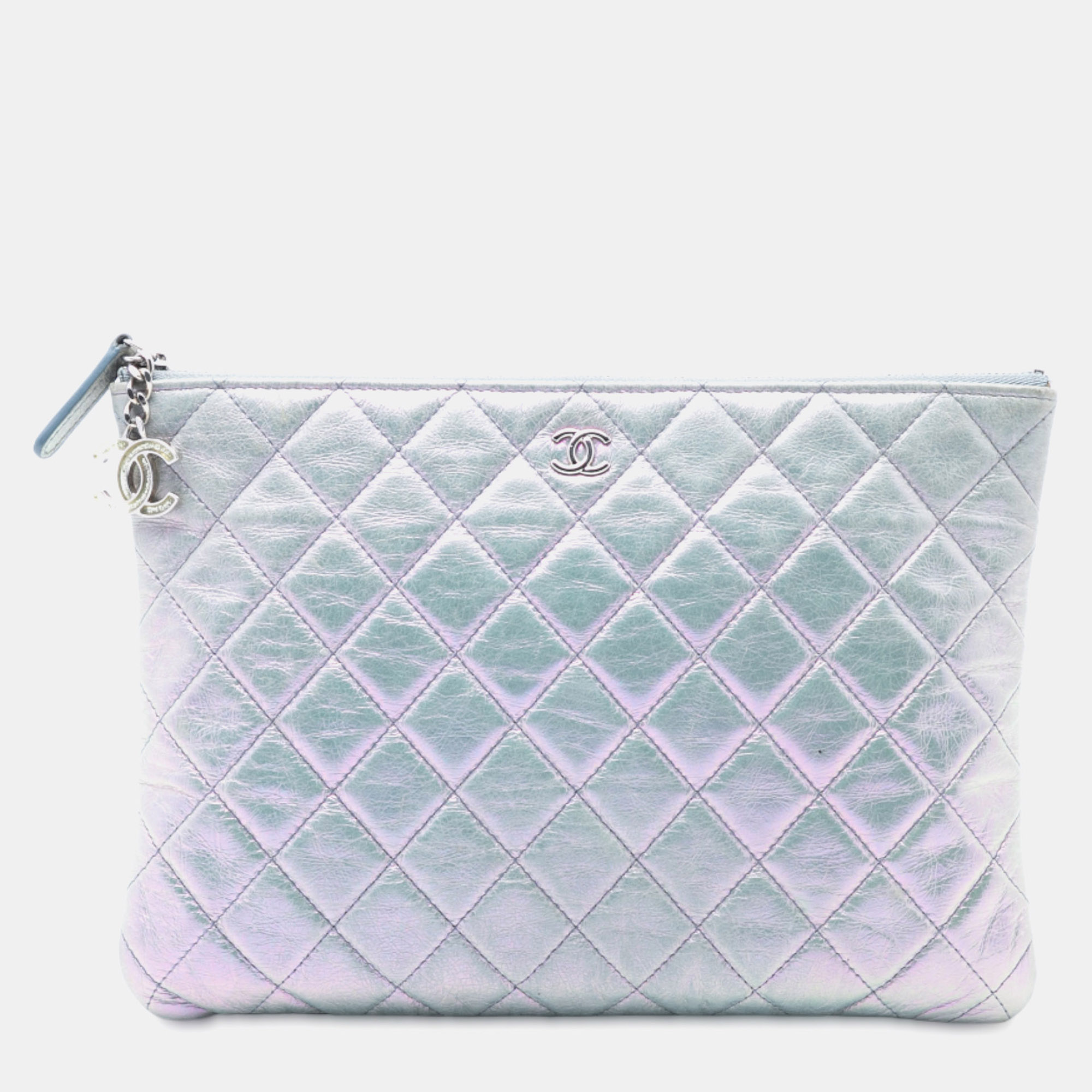 

Chanel Silver Medium Quilted Metallic Aged Calfskin O Case Clutch