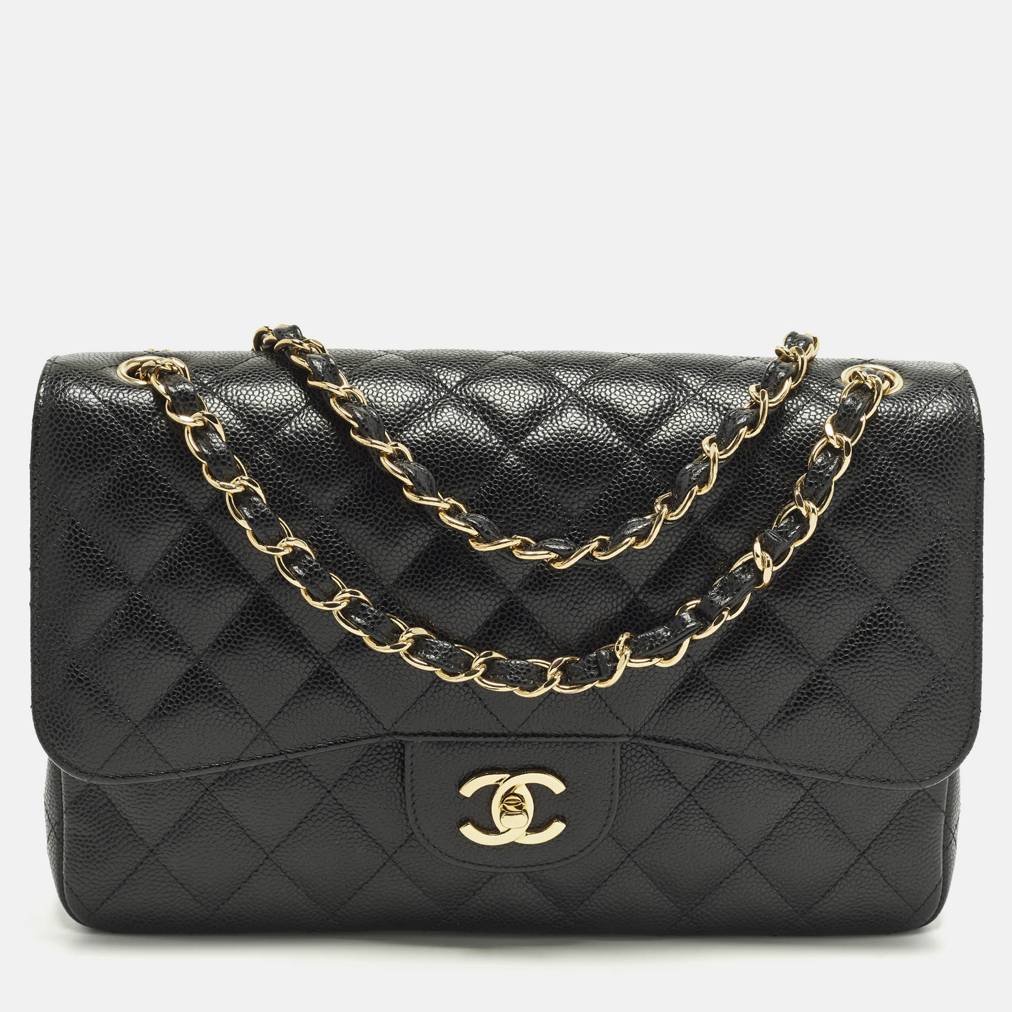 

Chanel Classic Double Flap Jumbo Black Quilted Caviar Leather Bag
