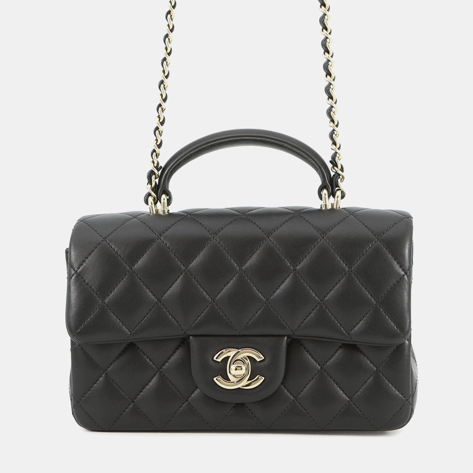 

Chanel Matelasse Top Handle Mini Flap Bag Black Lambskin Size